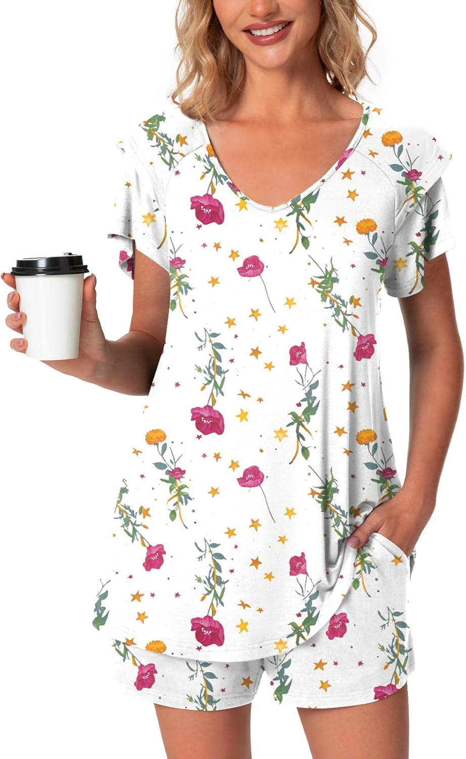 Aodemo Womens Summer Pajama Sets Ruffle Short Sleeves Sleepwear 2 Piece Pjs Lounge Short Pants with Pockets - Image 2