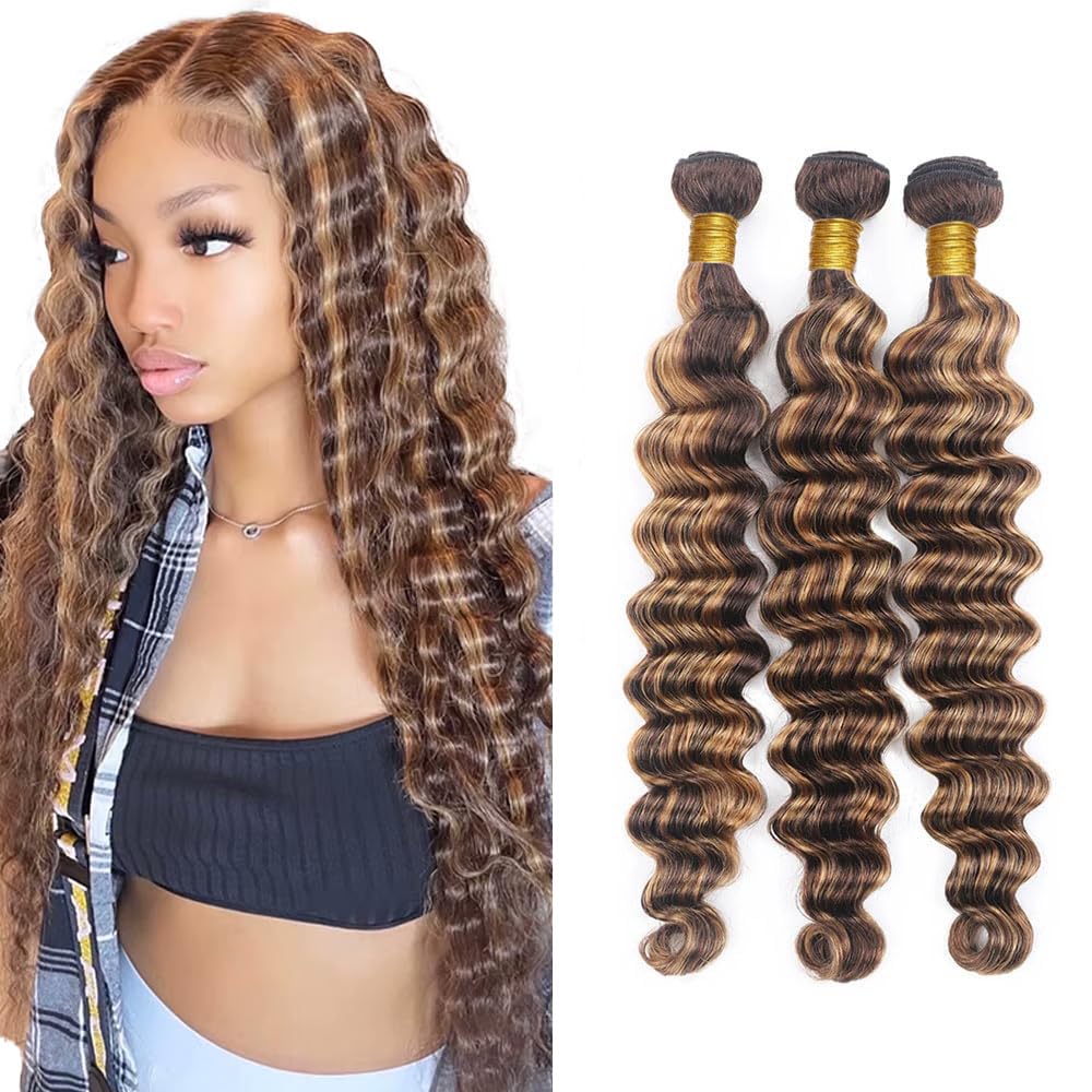 Photo 1 of GLSMOSNW Highlight Deep Wave Bundles Human Hair P4/27 Ombre Bundles 14 16 18 Inch Unprocessed Brazilian Virgin Human Hair Extensions Piano Color Ombre Deep Curly Bundle