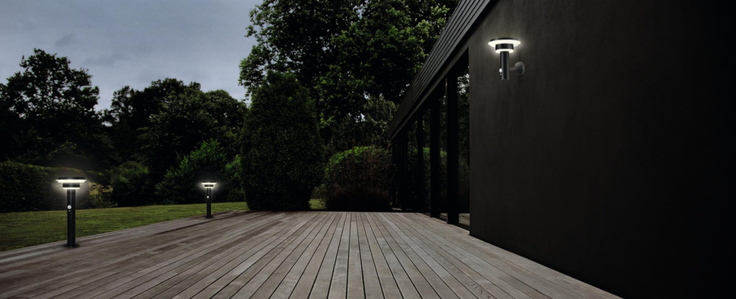 Licht-Erlebnisse LED Solar Wandlampe mit Bewegungsmelder Edelstahl Schwarz 3000 K IP44 Außen modern wohnlich H:22 cm elegant Wandleuchte Balkon