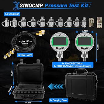 Digital Pressure Gauge Kit with Test Hoses Couplings, Hydraulic Gas Water Pressure Test Kit with Backlight Set (16MPA 70Mpa 3 Hoses 12 Couplings)