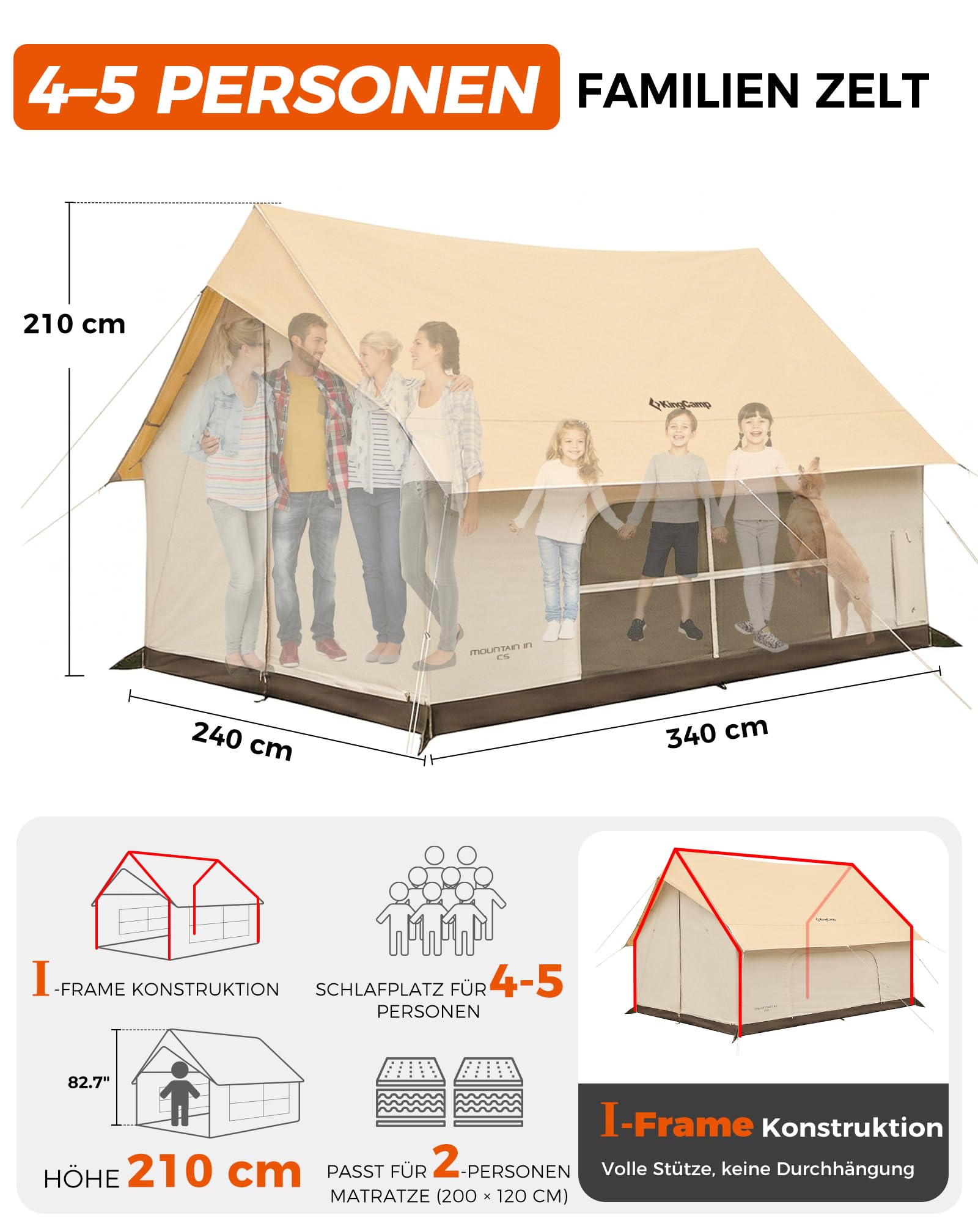 KingCamp 4-5 Personen Zelt,8㎡ Hauszelt mit Kaminöffnung & AC-Anschluss, 210g TC Wasserdicht Zelt, 2 Türen 4 Fenster, mit Feuerfestem Gewebe 4-Jahreszeiten Zelt für Familien Camping, Glamping,Festivals