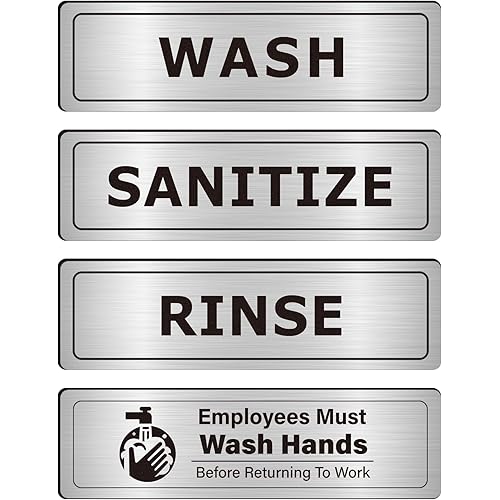 4 PK Wash Rinse Sanitize Sink Labels-Employees Must Wash Hands Sign Waterproof Sticker Signs for 3 Compartment Sinks, Restauran,t Commercial Kitchen, Food Trucks, Wash Station Brushed Aluminum