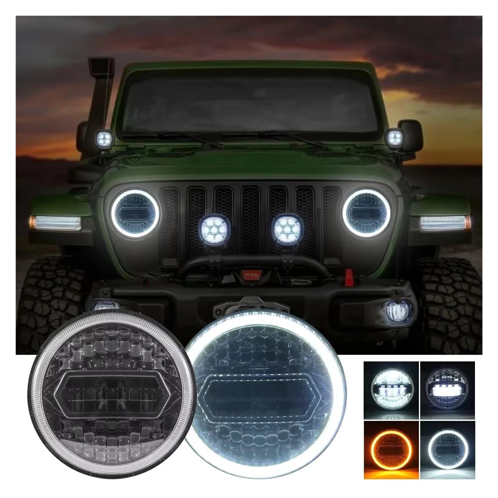 Faro anteriore Per Jeep Per Wrangler 2 Pezzi 7 Pollici LED Faro Rotondo DRL Rotondo 7 '' Luce Per Auto Con Occhio Di Angelo Giallo E Bianco