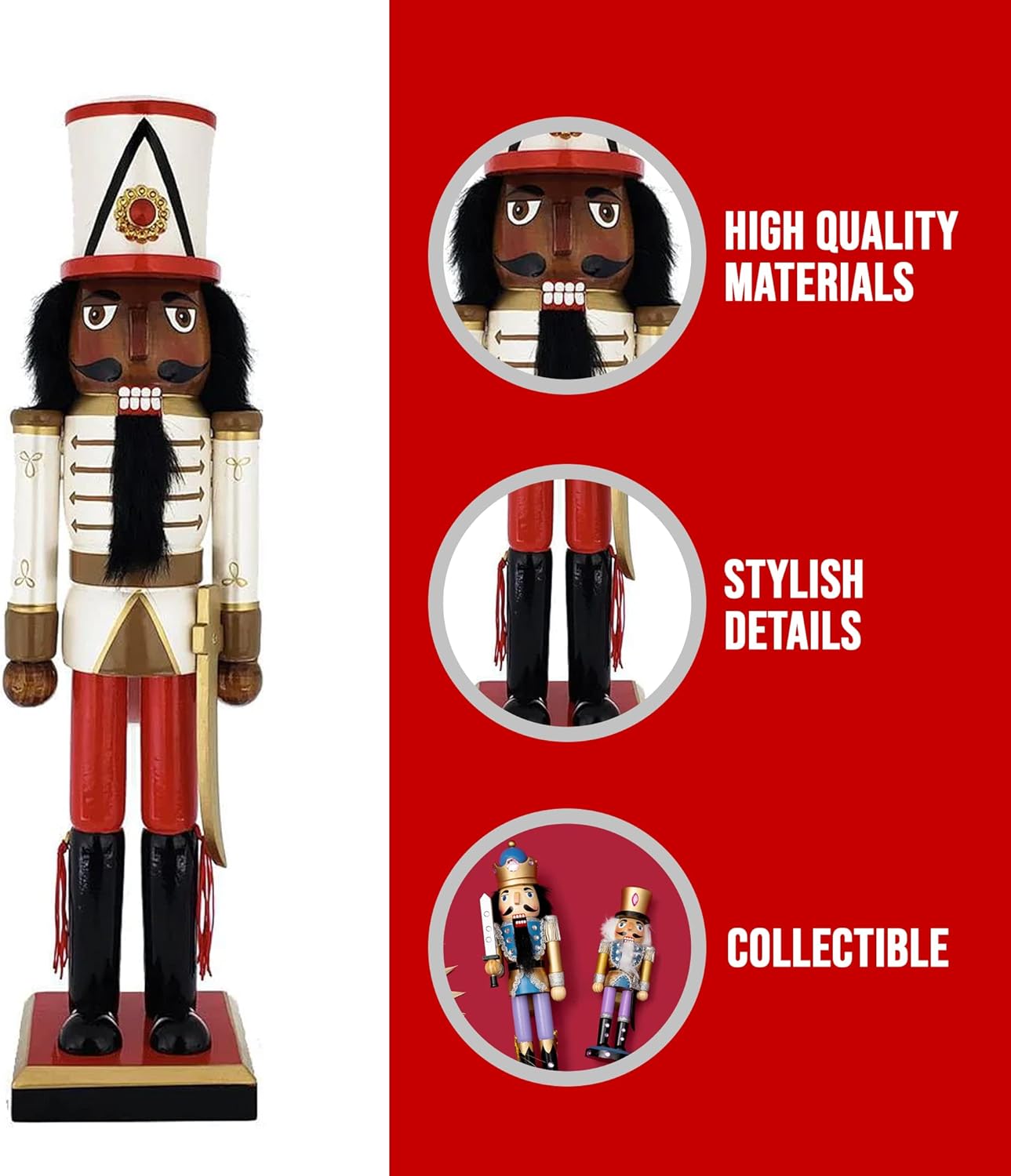 Nutcracker Ballet Gifts, Soldier Nutcracker Christmas Ornaments, African American Wooden Figure Decoration with White Red and Gold Uniform for Holiday Home Decor, Ideal Xmas Ornament, Large, 15 Inch