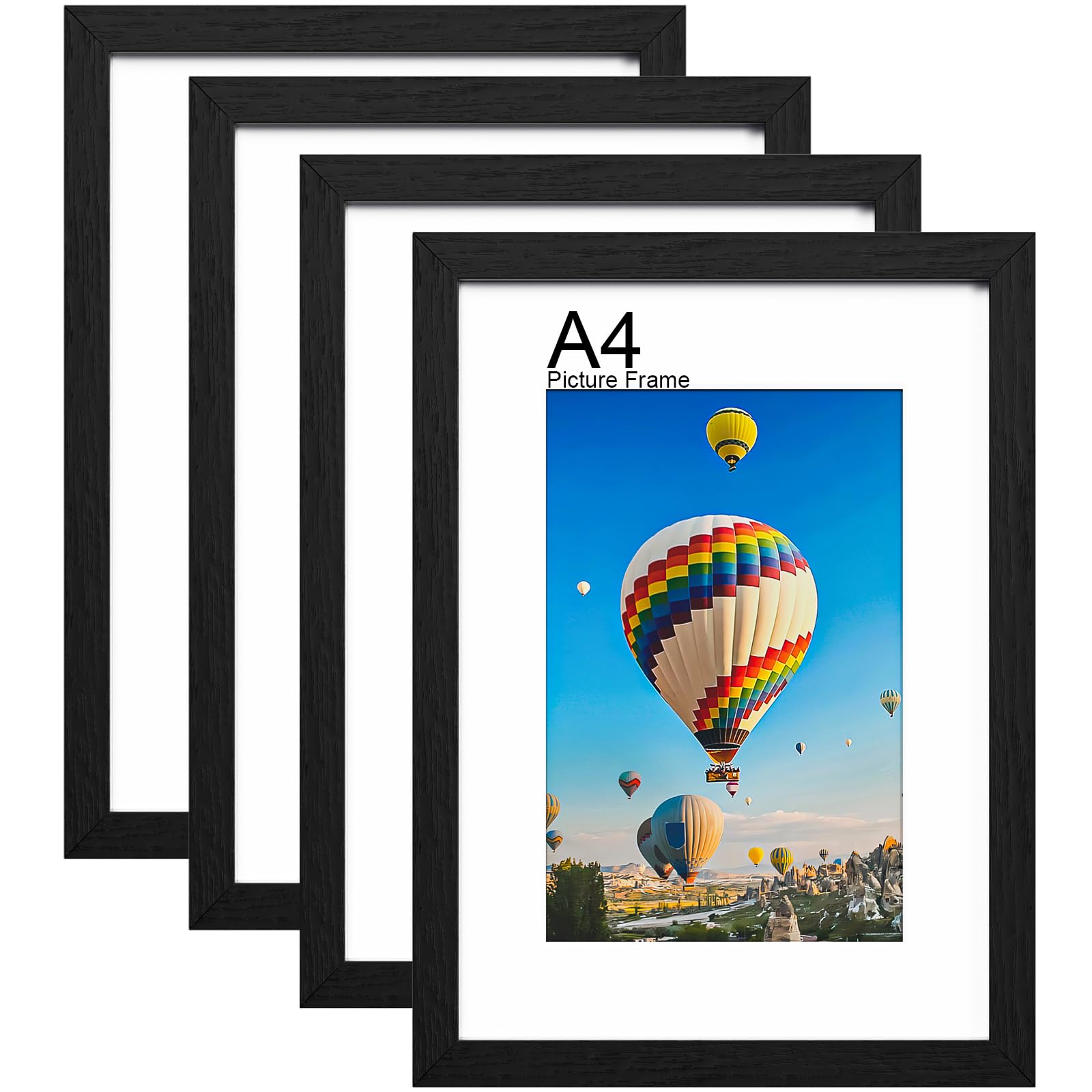 Cornice Portafoto A4 In Legno Nero | 21 X 29,7 Cm | Plexiglass Anti-Rottura | Da Tavolo O Parete | Orizzontale E Verticale
