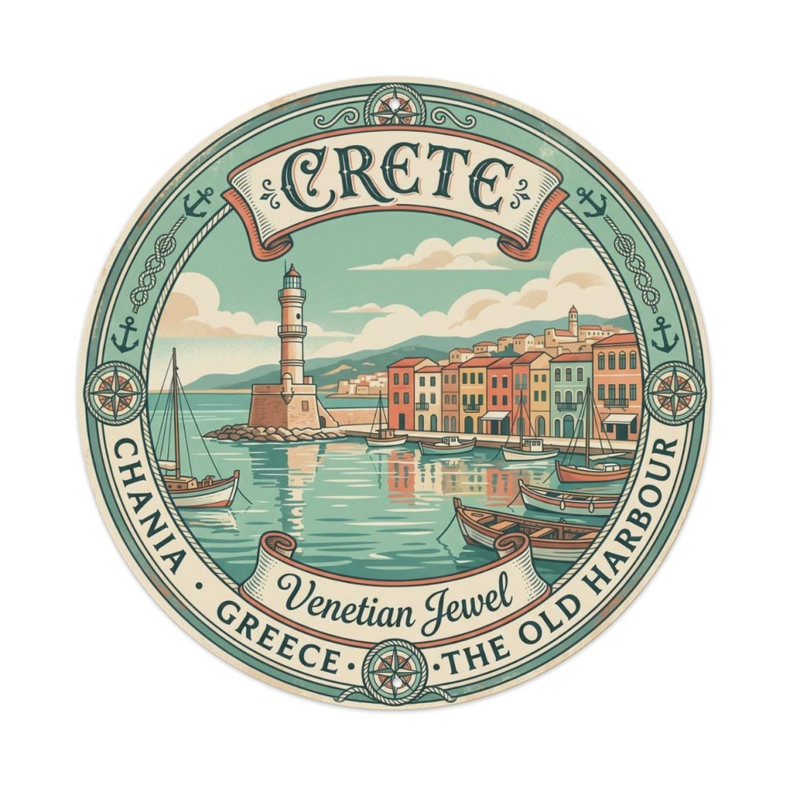 Vintage Travel Chania Harbor Crete Metal Tin Sign Plaque Wall Decor for Cafe, Club, Garden Round Metal Poster 8x8Inch