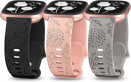 Minyee Paquete de 3 correas grabadas florales compatibles con Fitbit Versa 2Versa Lite, silicona suave, patrón de flor de diente de león, correa