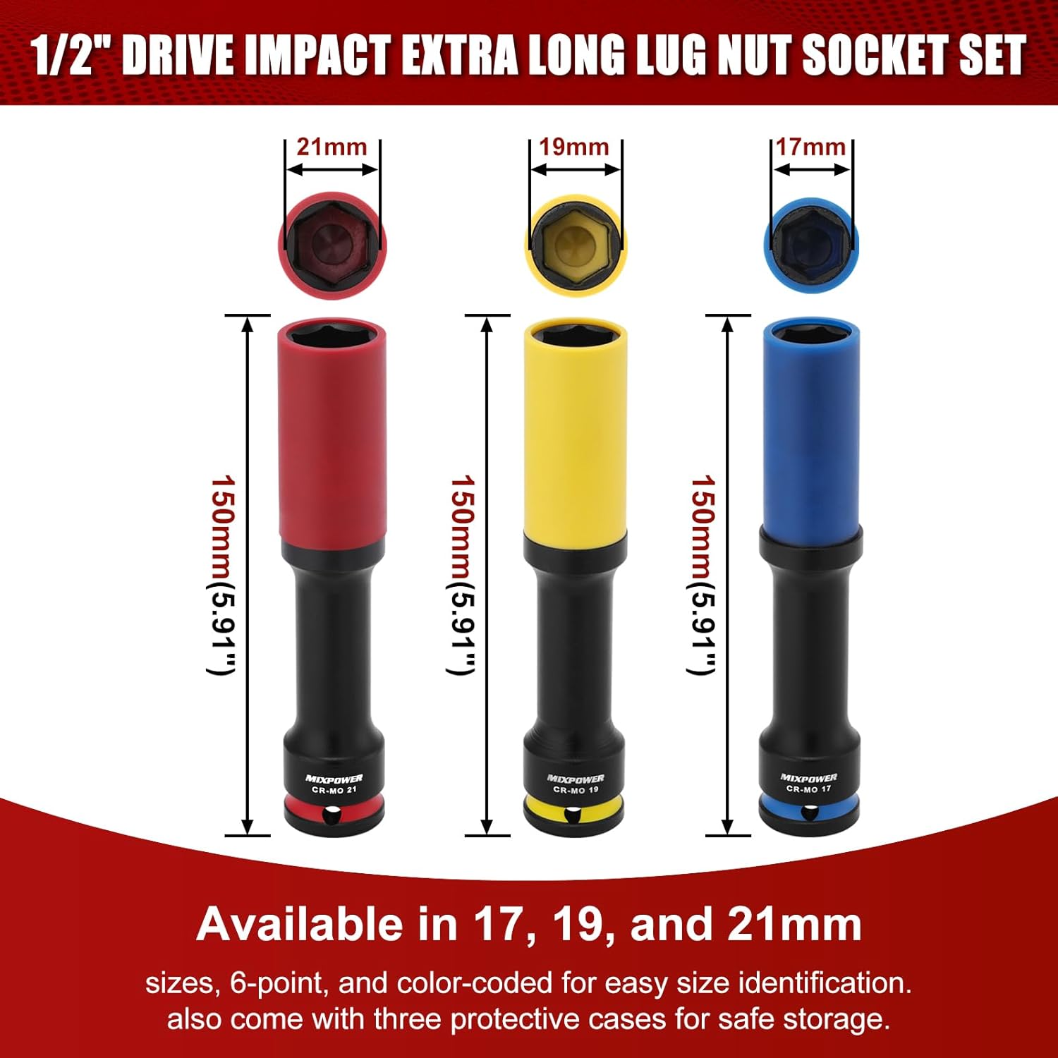 MIXPOWER 3 PCS 1/2" Drive Lug Nut Impact Socket Set, Non-marring & Thin Wall Lug Nut Socket Set, Extra Long 150mm Deep Socket for Wheel Lug Nut Remover,Metric(17 19 21mm), 6-Point,CR-MO
