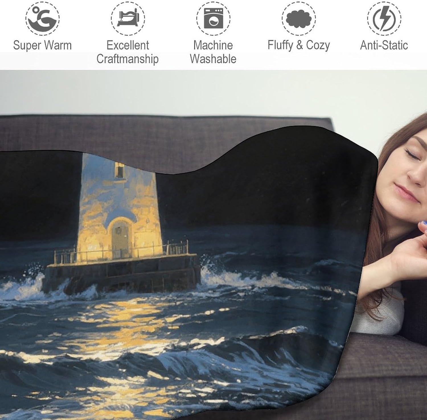 Lighthouse Throw Blanket Round Beach Towel | 59.1 Inch Circular Flannel blanket Large Soft Beach Blanket Lightweight Foldable Beach Towel Throw for Daily Leisure Use
