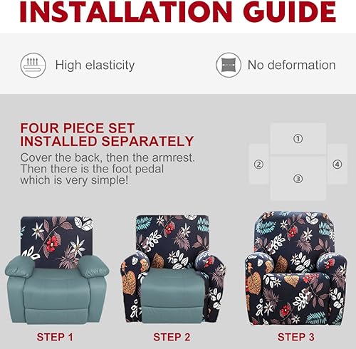 Miniatura 2 de Juego de 4 fundas para sillón reclinable de alta elasticidad, funda suave para sofá de 1 asiento, funda estampada para silla reclinable con bolsillo