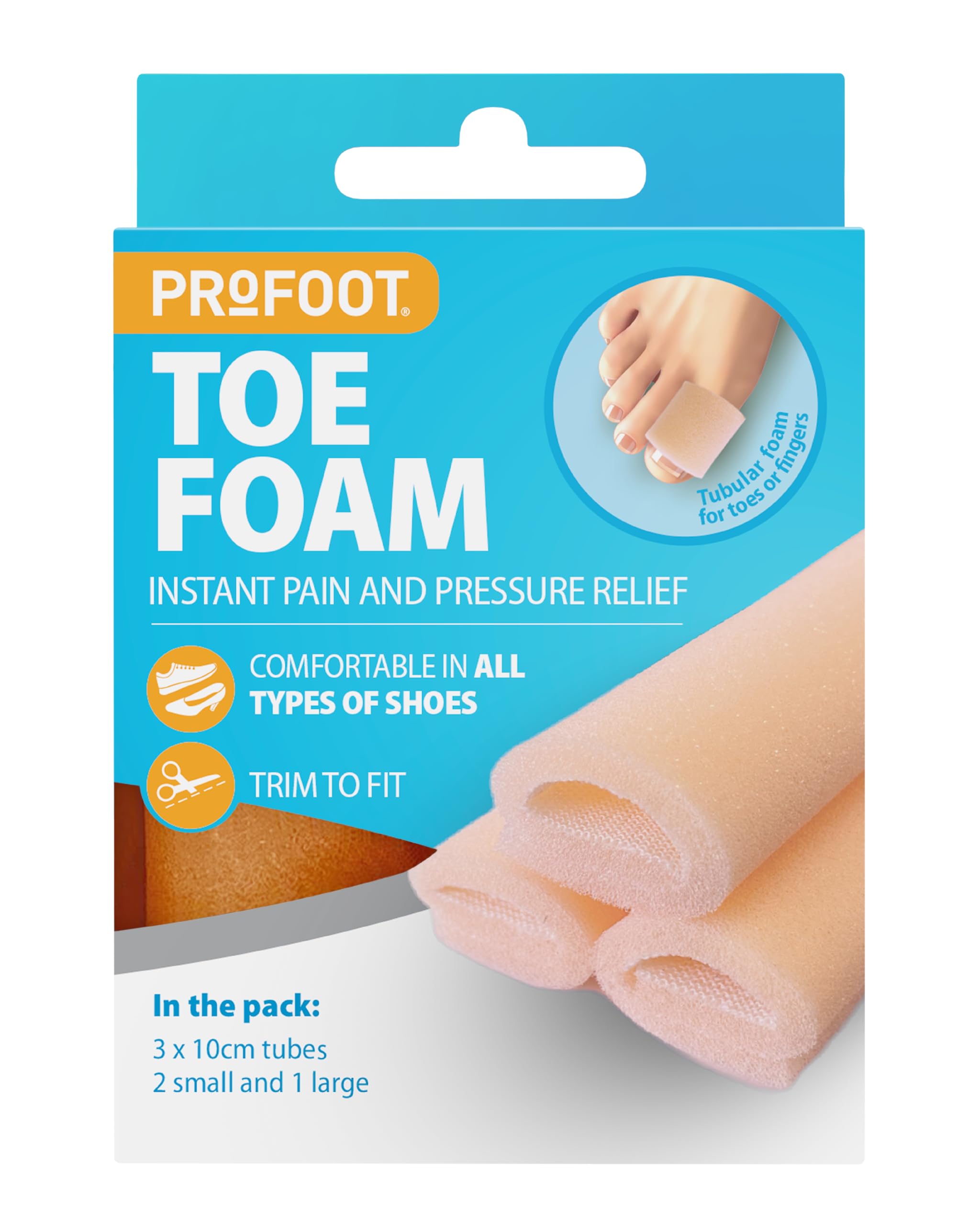 Profoot Toe Foam - Instant Pain Relief for Bunions and Corns - Soft Foam Toe Tubes - Foam Toe Protectors - Relieves Pressure and Friction - 3 Tubes, 2 Small and 1 Large