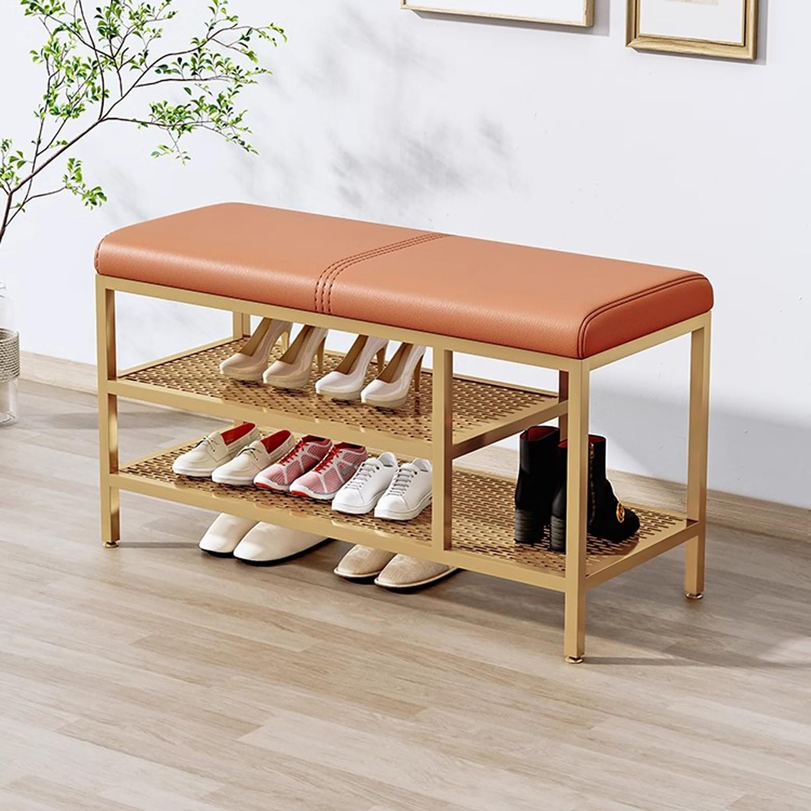 MSHGSKU Gold Metal 3 Tier Shoe Rack Bench Upholstered Ottoman Storage for Entryway Hallway & Bedroom Stylish & Functional Shoe nizer with Design