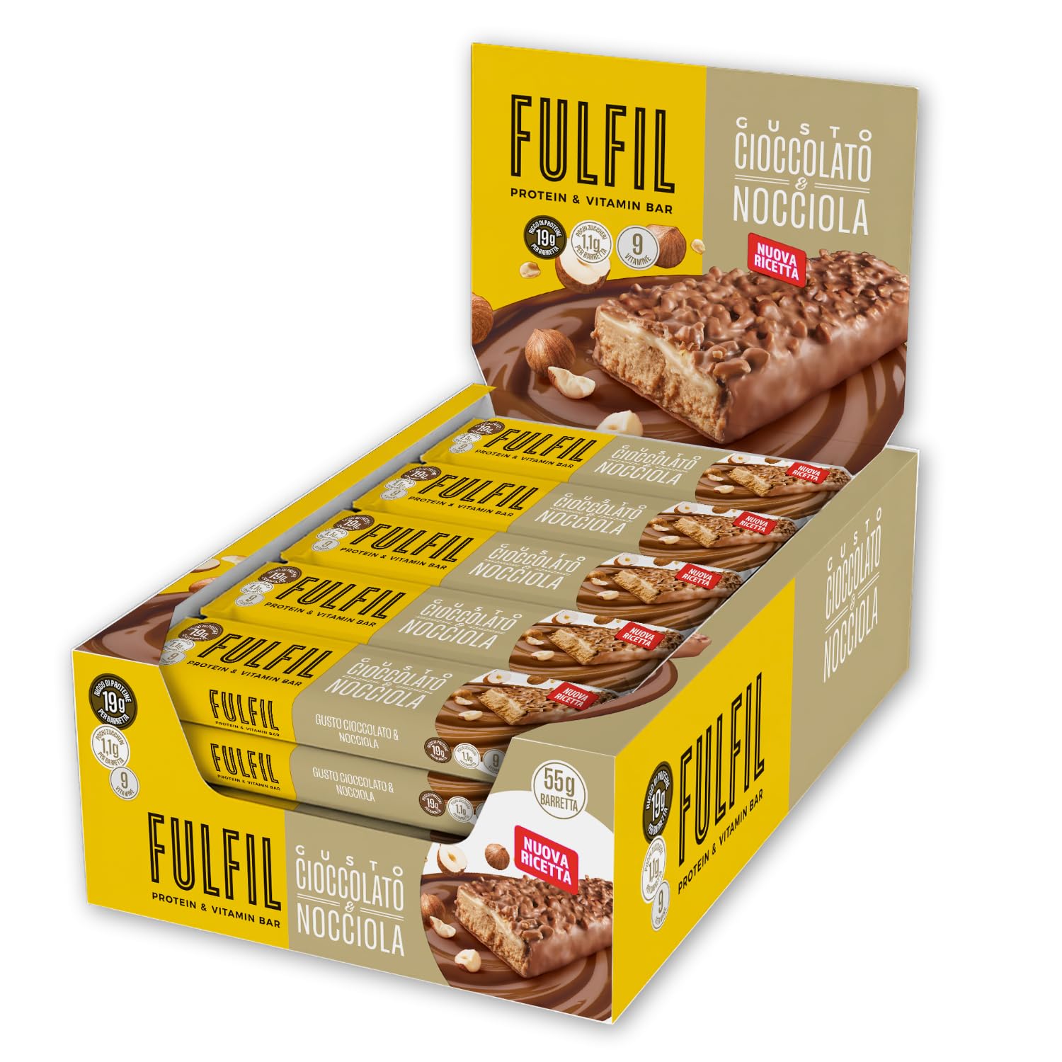 FULFIL - 15 Barrette Proteiche da 55 Grammi, Gusto Cioccolato e Nocciola con 9 Vitamine e Pochi Zuccheri, Confezione da 825 Grammi
