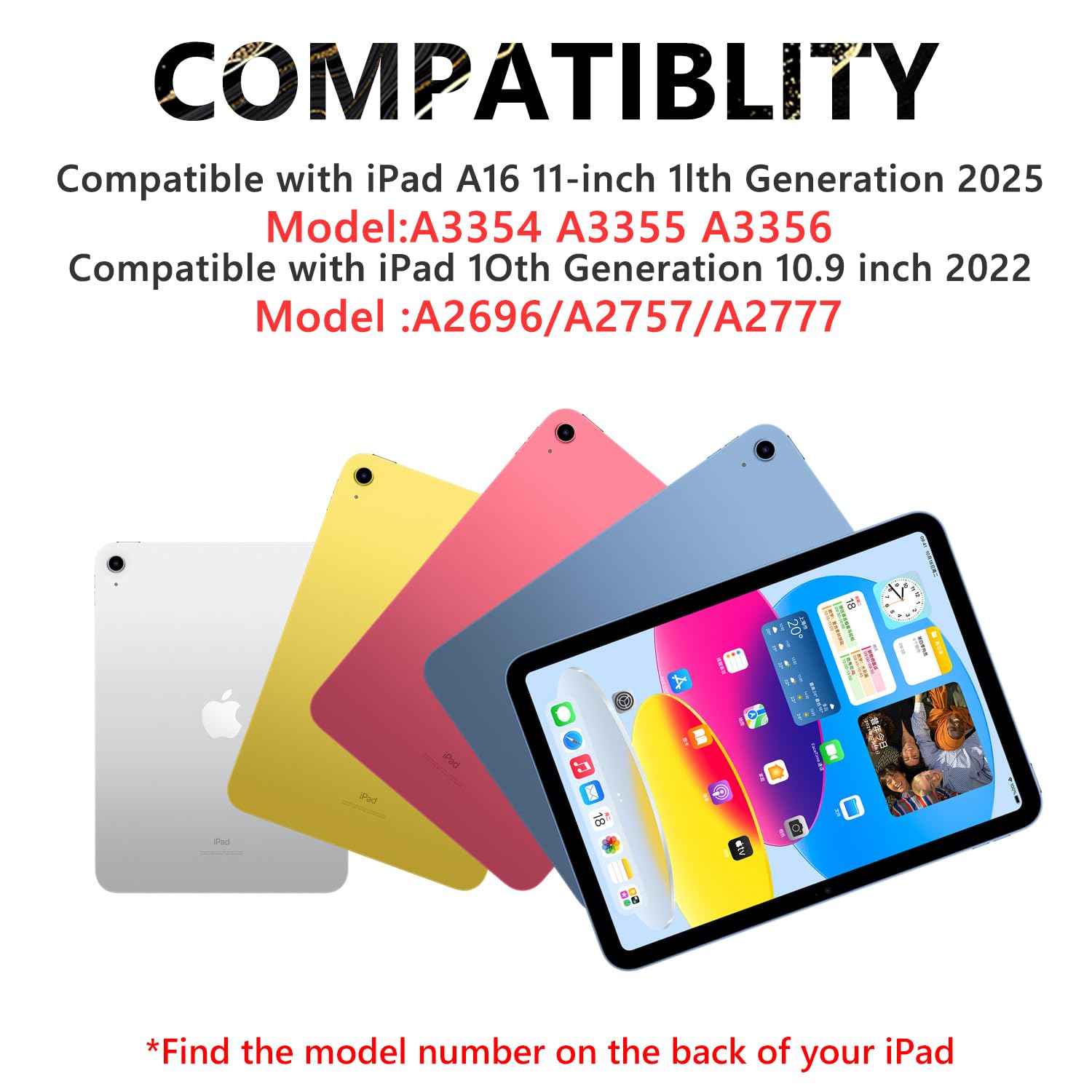 FUWANG for iPad A16 11th 10th Generation Case with Keyboard, Detachable 7 Colors Backlit Wireless Marble Keyboard Case with Pencil Holder for iPad A16 11th 11-inch 2025 &10th Gen 10.9 Inch 2022, Black