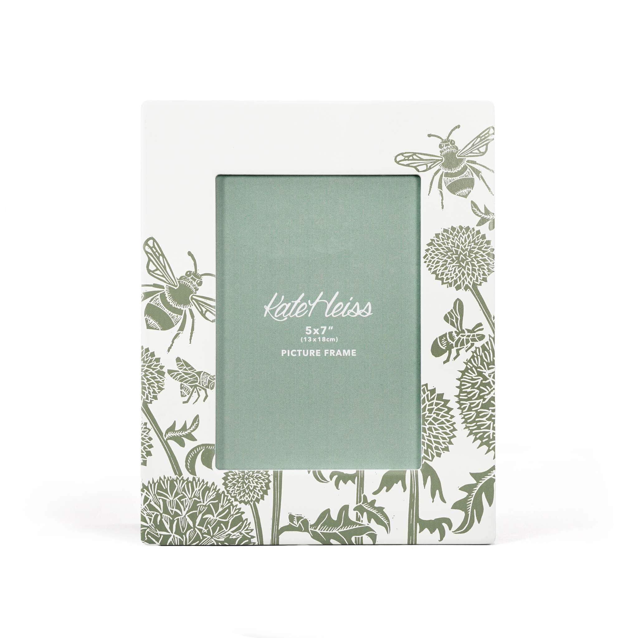 Half Moon Bay Clover Flower Blooms and Bumble Bees - by Kate Heiss - Sage Green/White 9.8 x 7.8 Inch Dolomite Tabletop Photo Frame; Holds 5 x 7 Inch Photo, FRAMKH03
