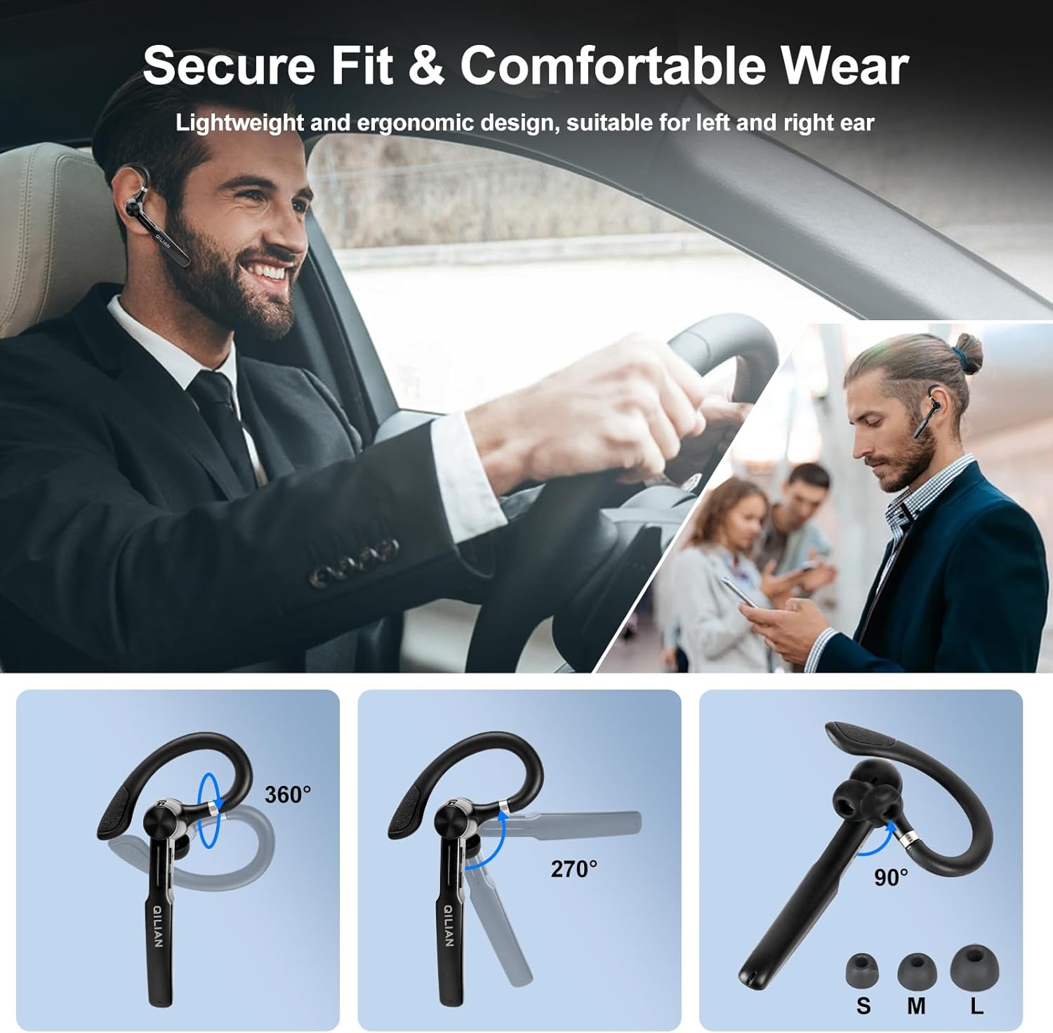 Single Ear Bluetooth Headset with 110Hrs Talk Time, Wireless Earpiece with Dual Noise Canceling Mic & 500mAh Charging Case, Bluetooth 5.3 Hands Free Headphones for Business/Office/Driver Work - Image 2