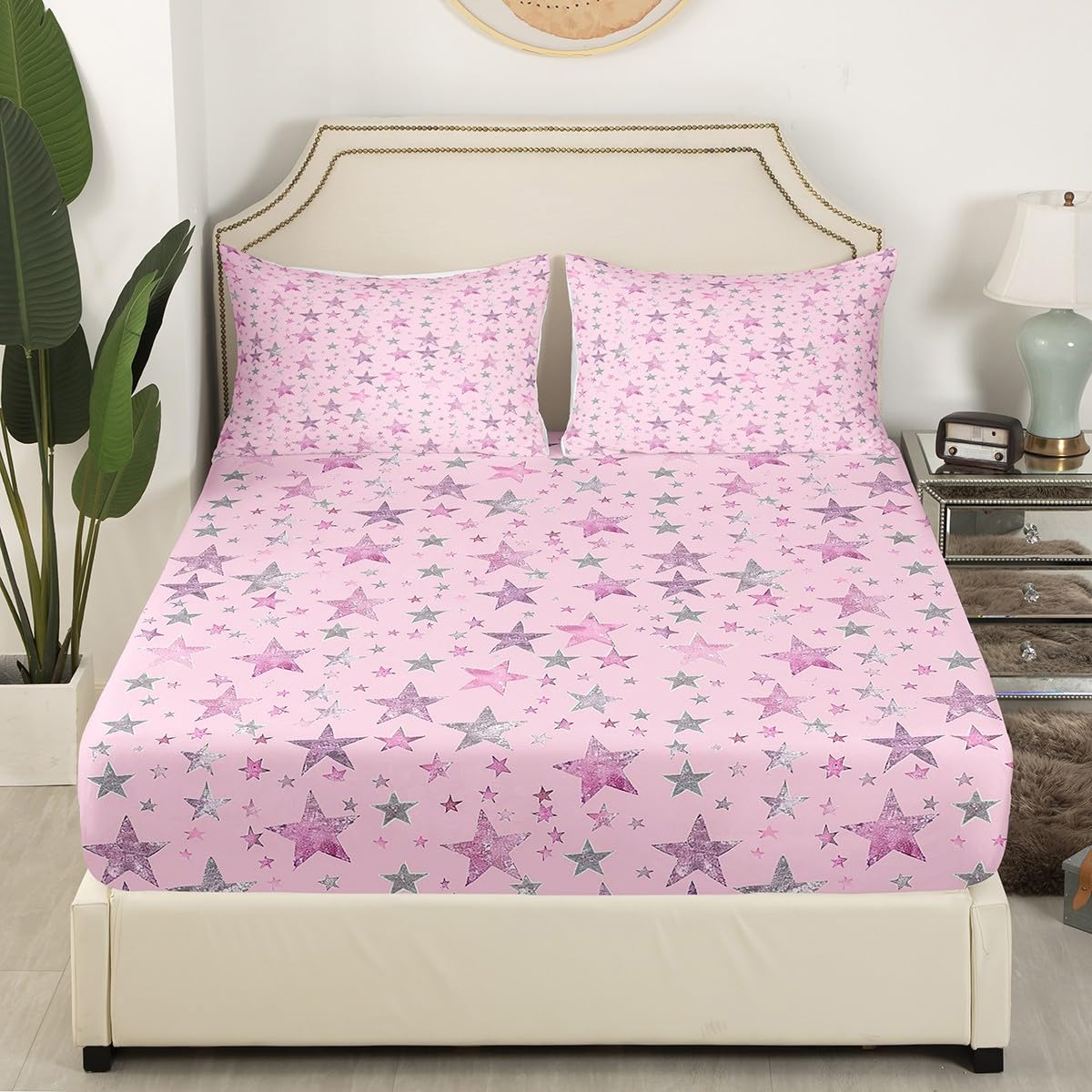 Homemissing Kids Fitted Sheets Double Size Star Pink Star Pattern Fitted Sheets Kawaii Cartoon Star Print Fitted Sheets No Glitter Starry Sky Bed Sheets Cute Girl Boys Bed Sheets Set - Image 3