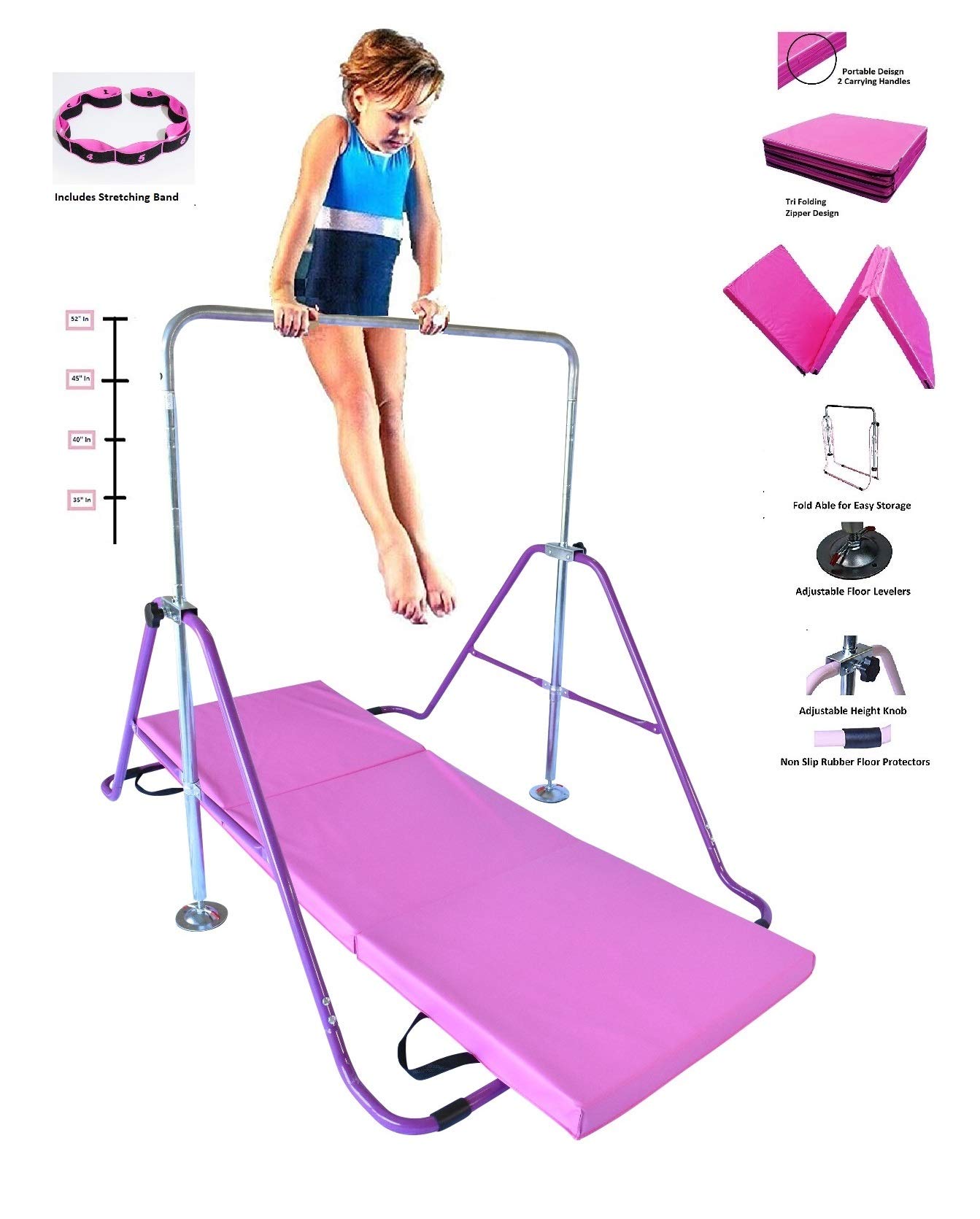 Athletic Bar Gymnastics Bar Horizontal Kip Bar + 2x6 Tri Fold Mat Junior Training Adjustable