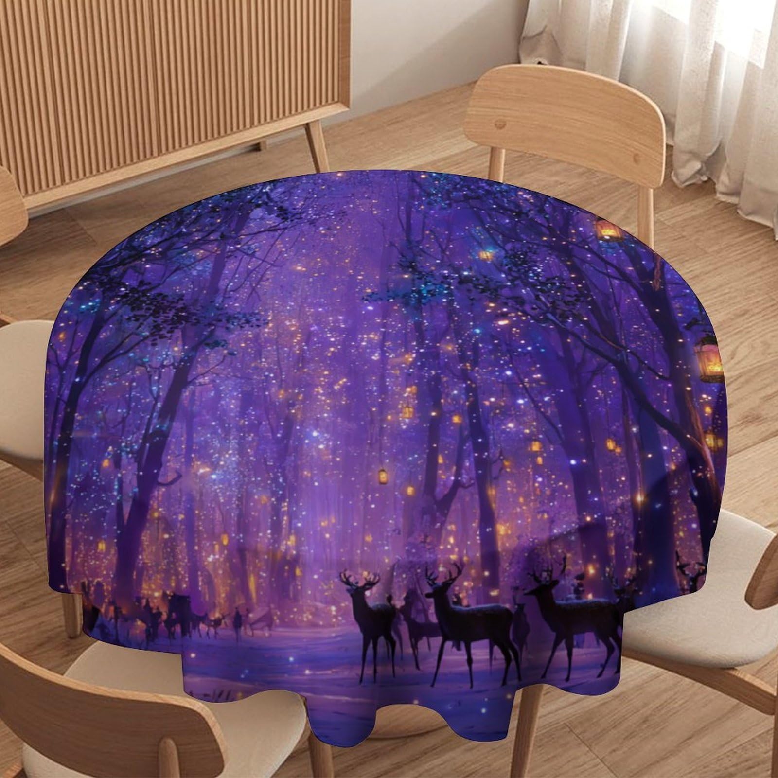 LUYYSKY Modern Vintage Animal Elk Waterproof Round Tablecloth Retro Fantasy Purple Galaxy Enchanted Forest Deer Pattern Washable Table Cover for Kitchen-177.8" Wx177.8 L cm