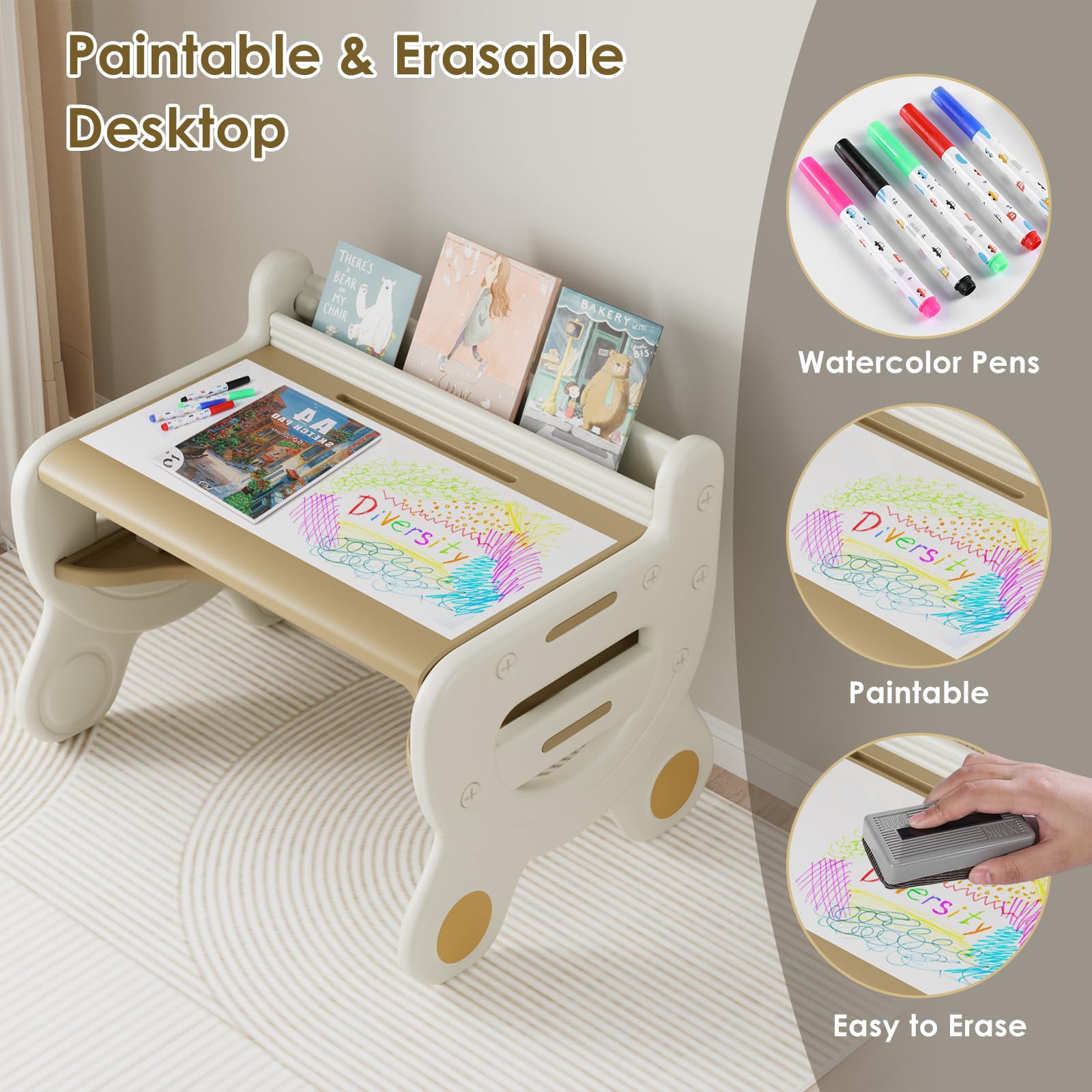 Table Enfant Avec 2 Chaises - Multifonction Dessin, Jeu & Lecture, 4 Panneaux Interchangeables, Réglable Dès 3 Ans
