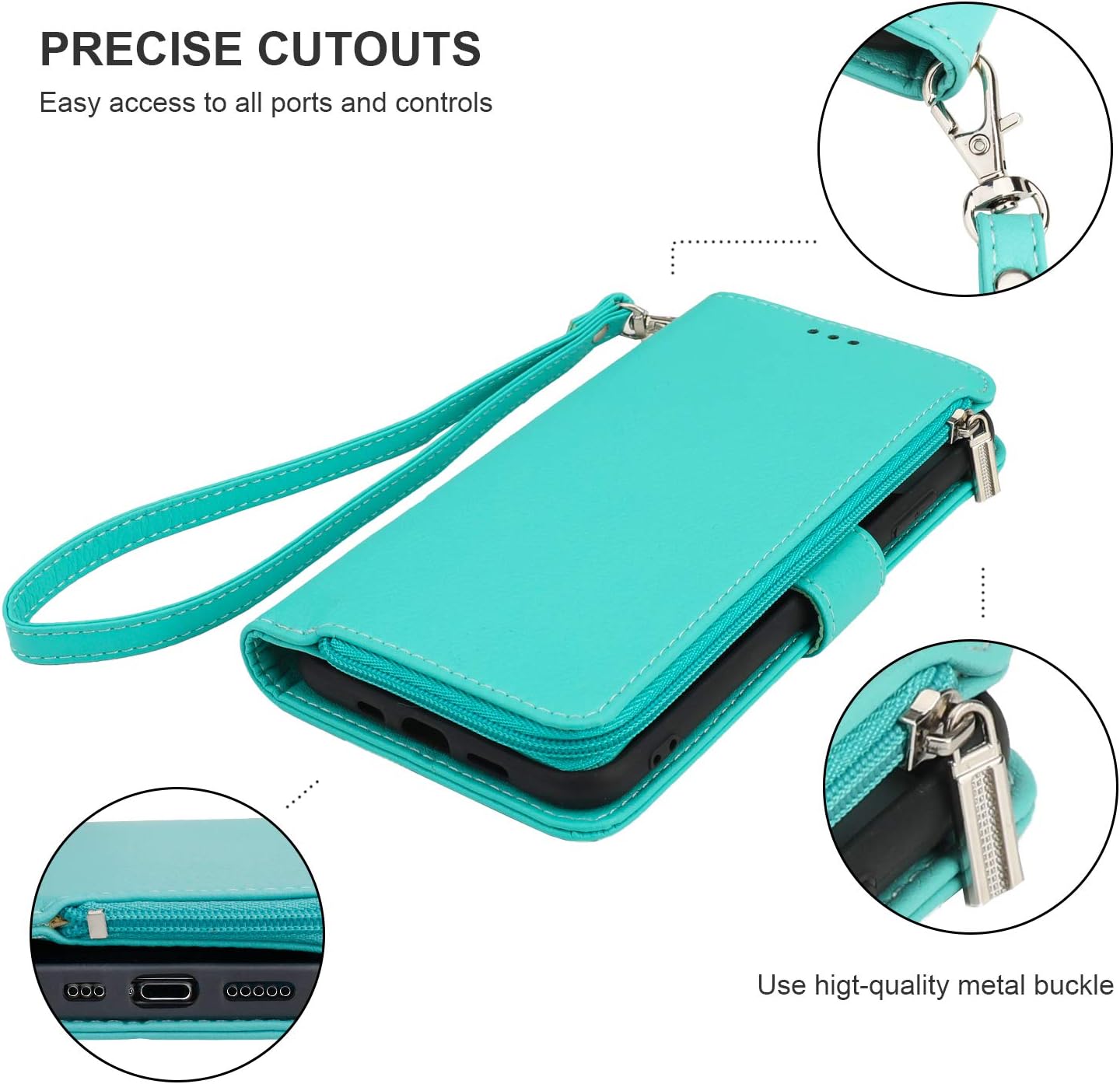 KIHUWEY Compatible with iPhone 12 Compatible with iPhone 12 Pro Wallet Case Leather Zipper with Card Holder and Wrist Strap,Kickstand and Protective Lanyard Purse Cover 6.1 inch Mint Green