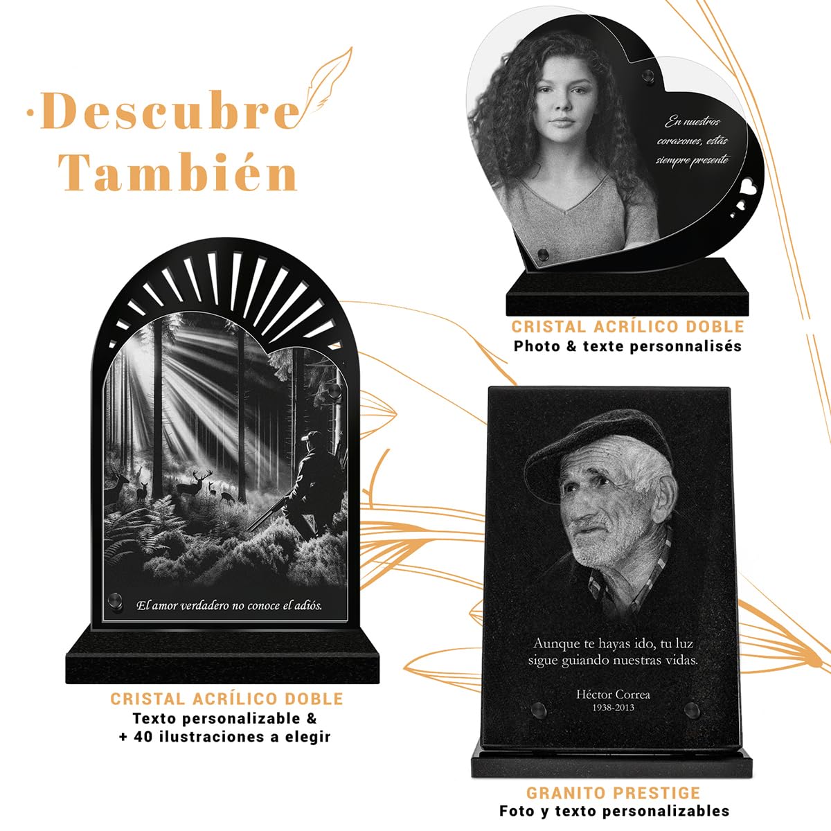 Eternel - Placa funeraria Personalizada Multisoportes, para Plantar o Pegar, Pizarra o Granito, para Colocar, Foto y Texto a elección, Placa Cementerio, mortuoria, Sepultura, difunto, Homenaje
