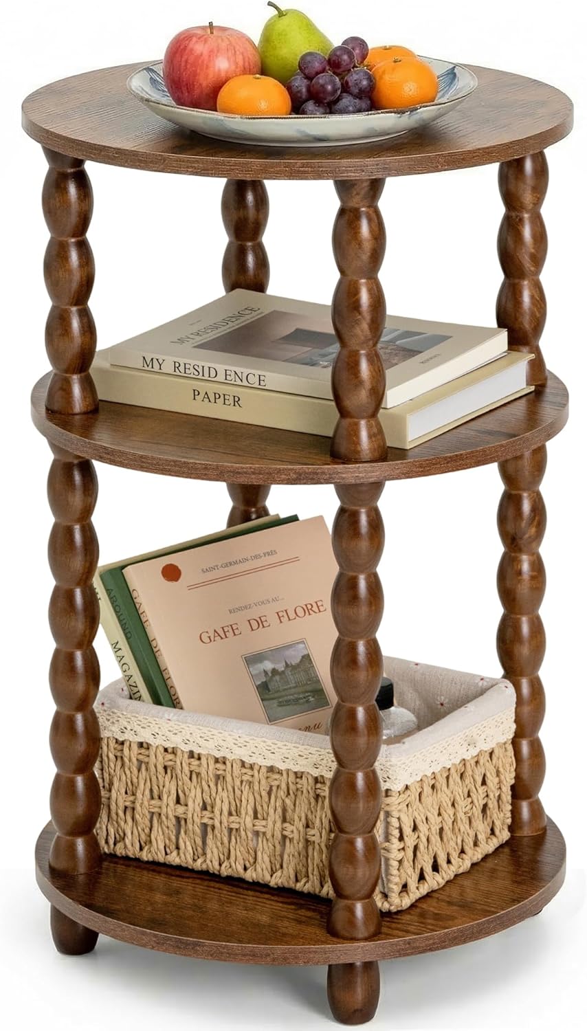 Round Side Table with 3-Tier Shelves, Small End Table with Solid Wood Legs for Living Room Bedroom, Modern Circular Coffee Table Nightstand for Small Spaces, Easy No-Tool Assembly