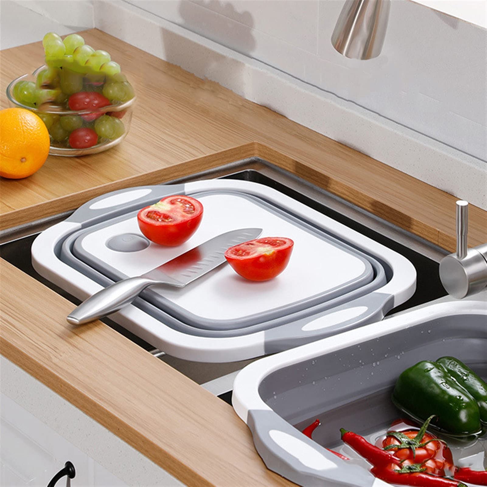 Tabla de corte plegable Multifuncional Escurrimiento plegable lavado Cesta de lavado Fregadero colador Mat de corte portátil Herramienta de almacenamiento de cocina Cocina Tablas para picar