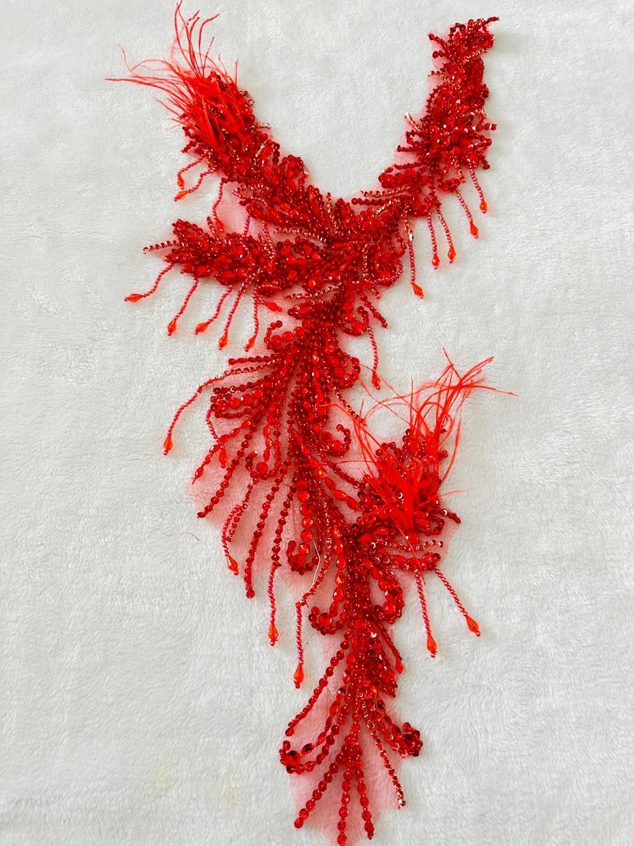 Pure Handmade Rhinestones Beads Applique sew on Crystal Sequins lace Trim Patches Ostrich Feather Accessories for Dress Clothing Shiny Bead Decorative Material 15X9X30inches (Red)