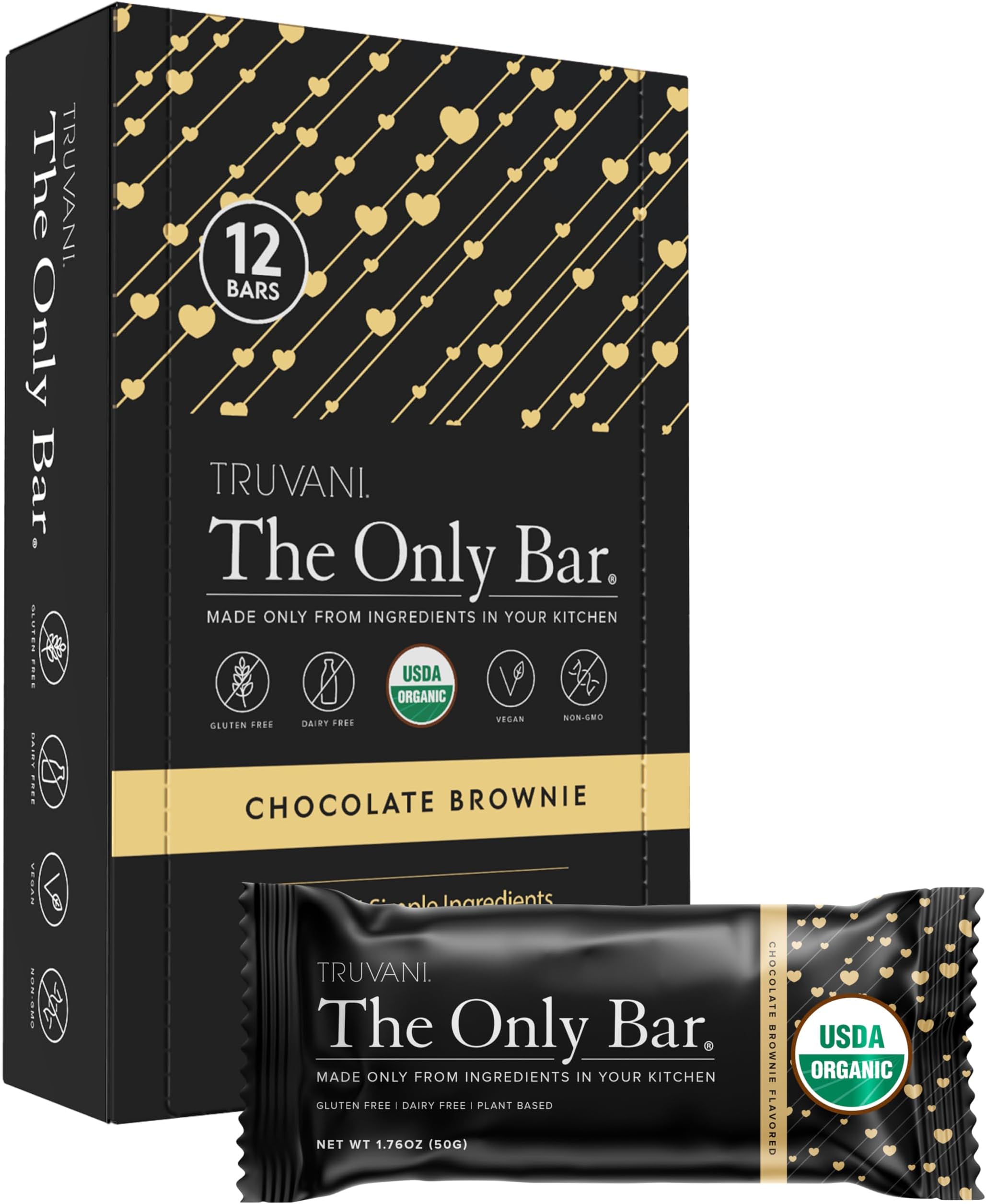 Truvani Plant Based Snack Bars | Chocolate Brownie 12 Pack | 7g Protein | USDA Organic and Vegan | The Only Bar | Dairy, Soy, and Gluten Free | Individually Wrapped