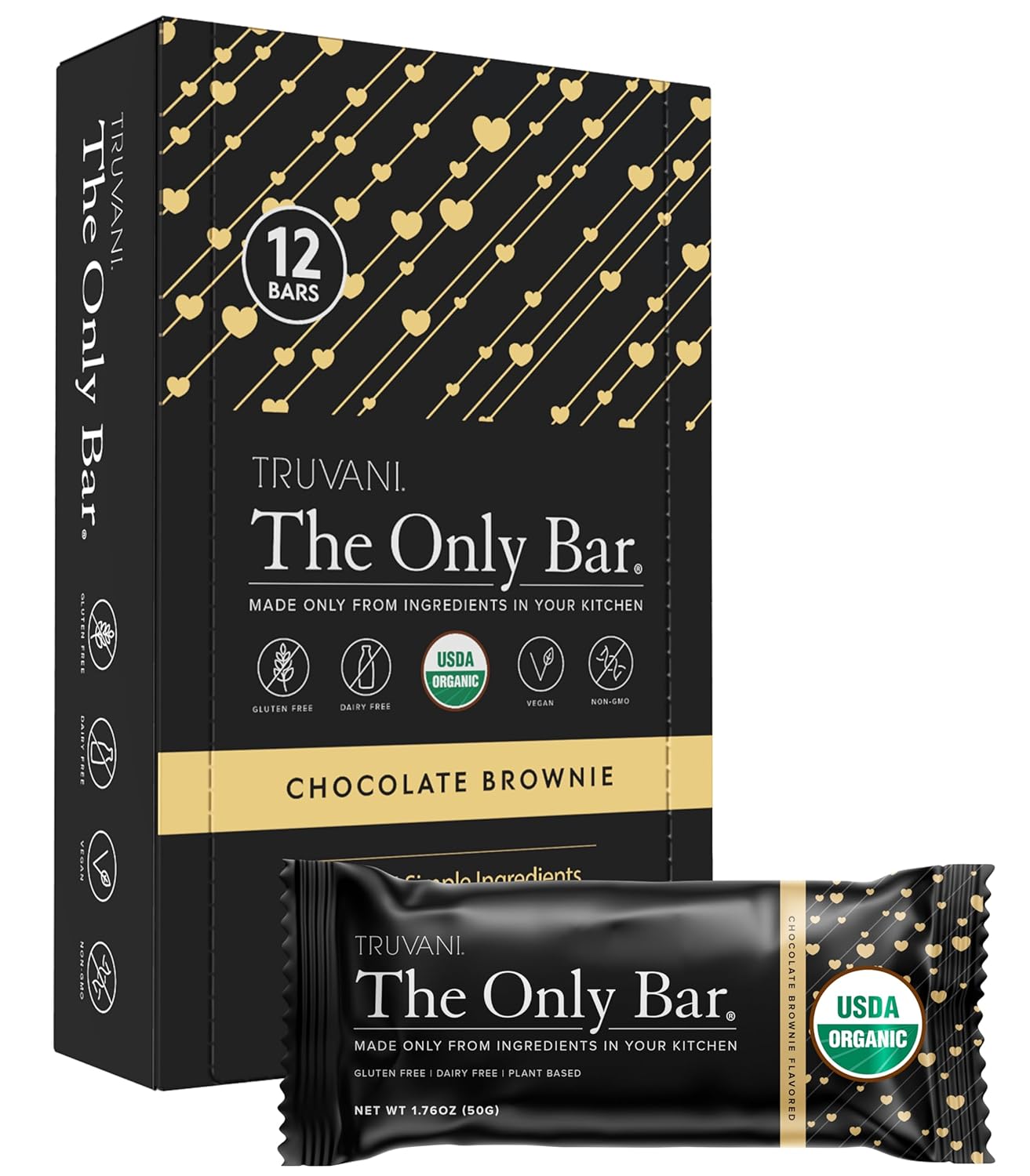 Truvani Plant Based Snack Bars | Chocolate Brownie 12 Pack | 7g Protein | USDA Organic and Vegan | The Only Bar | Dairy, Soy, and Gluten Free | Individually Wrapped