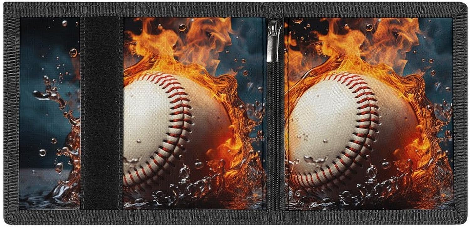 Fire Water Baseball Ball Trifold Wallets Slim Wallet Novelty Pocket Purse Multiple Card Slots Outdoor Travel Wallet Stylish Durable Wallets For Men Women