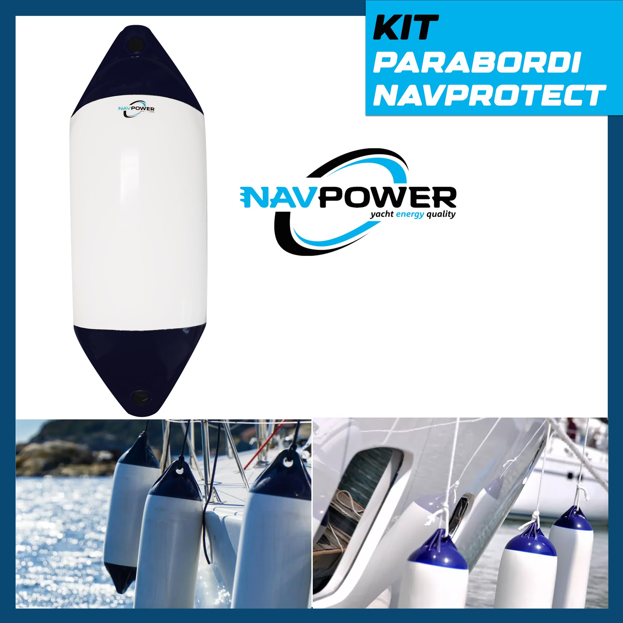 Kit Parabordi per Barca Navpower Navprotect, Set Parabordi Barca F0 F1 F2 F3, Multipack 1/2/4/6 Unit, PVC Marino, Bianco/Blu, Compatibile con Majoni Polyform