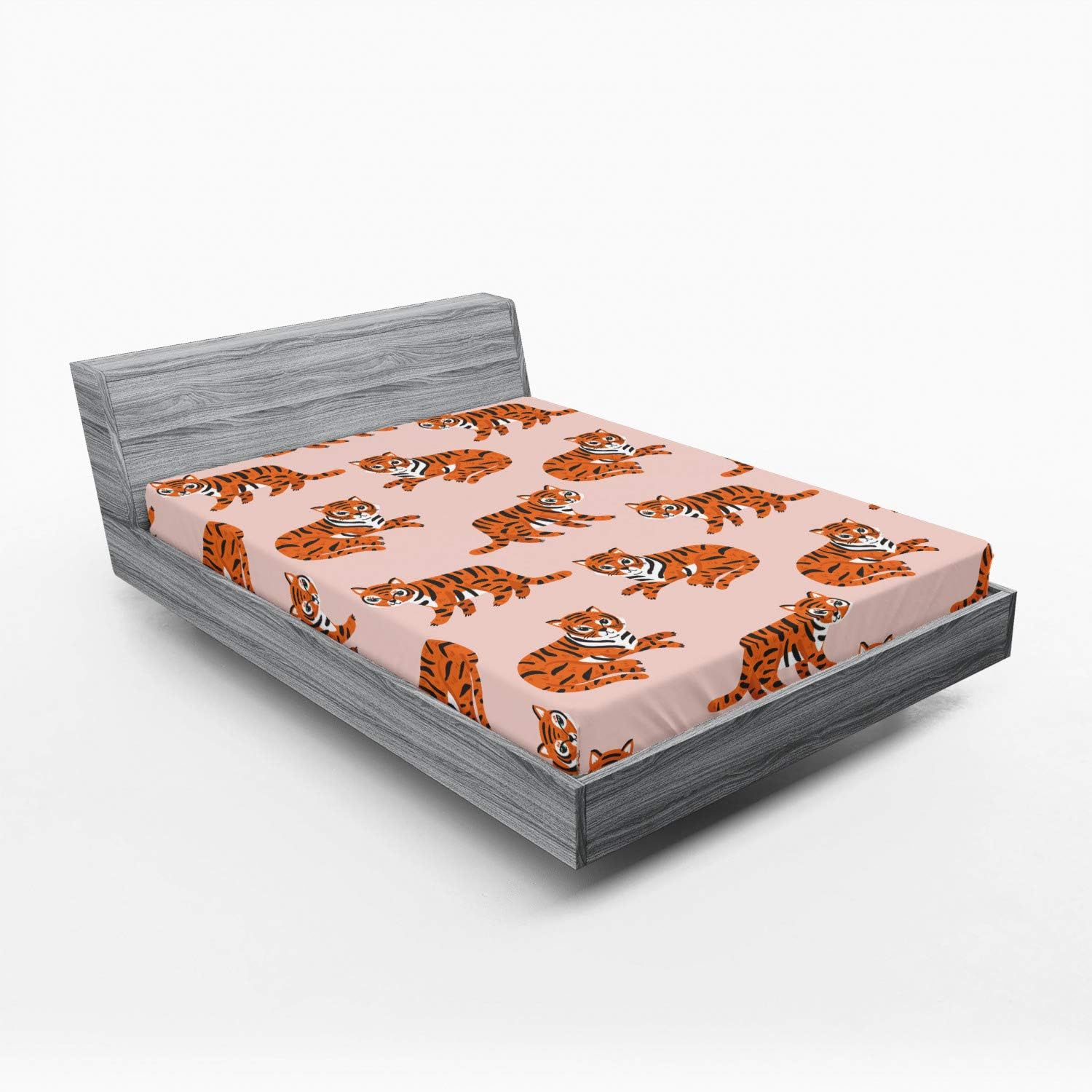 Ambesonne Safari Fitted Sheet, Fun Pattern of Tigers with Stripes Funky Wildlife Creatures, Bed Cover with All-Round Elastic Deep Pocket for Comfort, Queen Size, Blush Orange and Dark Grey