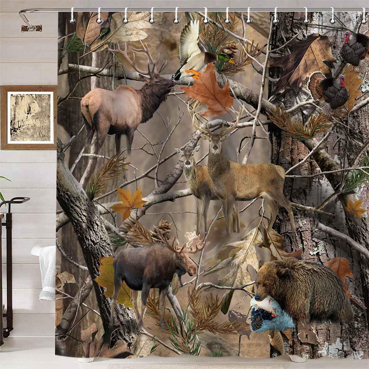 Namdeva Camo Hunting Shower Curtain, Camouflage Forest Wildlife Wild Animal Bear Deer Elk Moose Mallard Duck Turkey Fish Woodland Lodge Rustic Cabin
