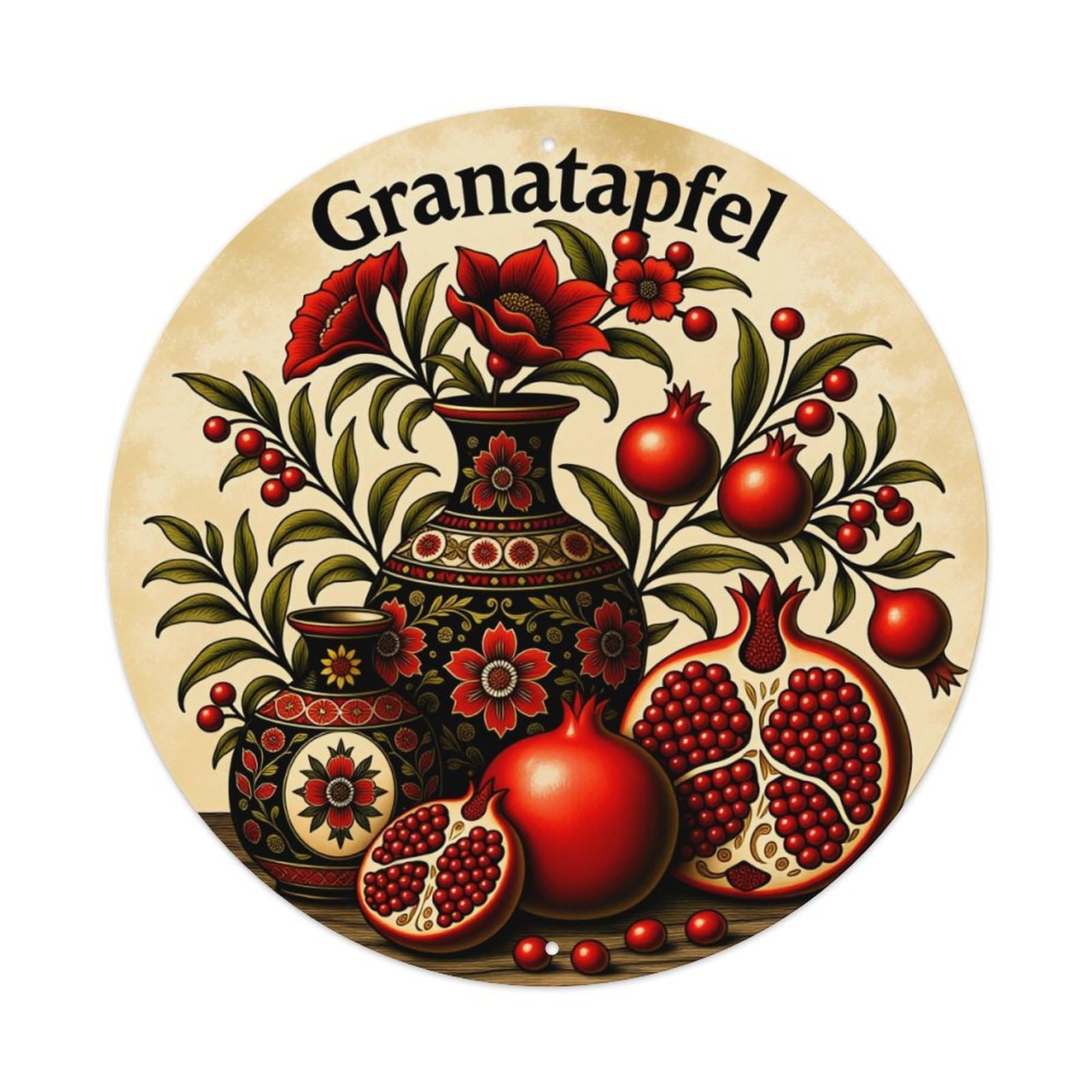 Pomegranate Floral Vase Pattern Art Round Tin Sign Vintage Metal Poster Retro Bar, Home, Man Cave, Kitchen, Laundry Room Wall Art Decor Gift 8x8Inch