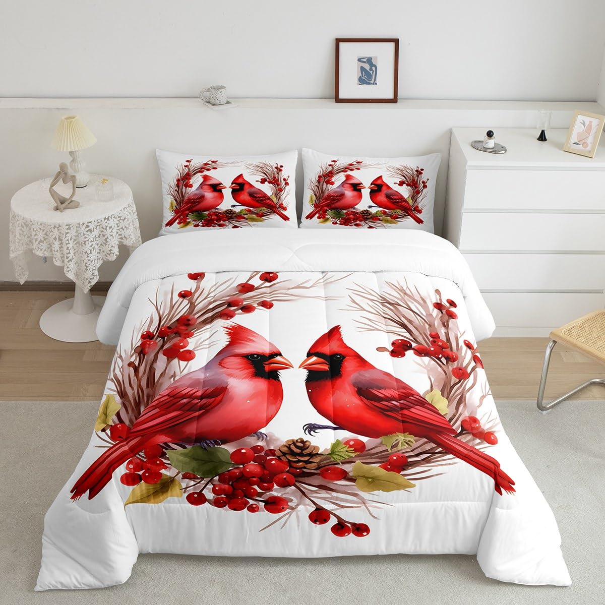 jejeloiu Red Cardinals Comforter Set King Size Kids Pine Cones Comforter for Boys Girls Teens Cute Birds Bedding Set Romantic Love Duvet Set Room Decorations Quilt Set