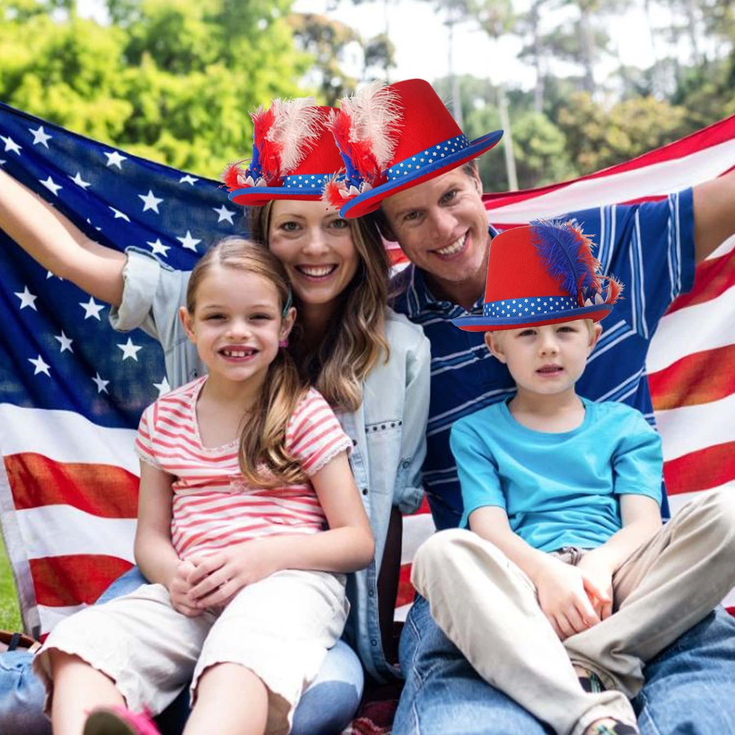 2pcs American Flag Top Hat Party Supplies - Patriotic 4th of July Hats with Feathers for Independence Day - Red White and Blue USA Party Accessories For Men and Women