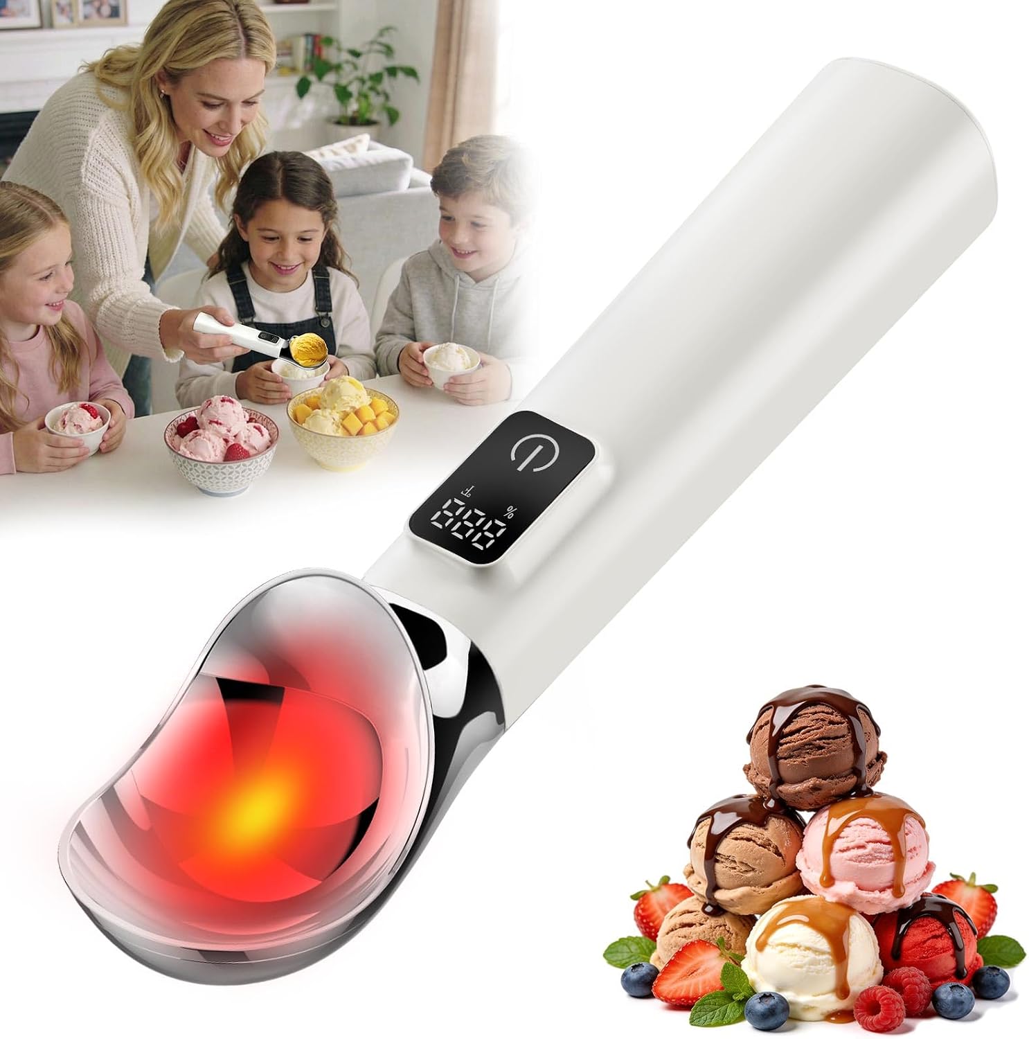 Heated Ice Cream Scoop Rechargeable, 5000mAh Battery Electric Ice Cream Scoop for Hard Icecream and More with LED Display, Self-Warming Heats To 158℉, IP67 Waterproof, Ideal Summer Gift | White 2 oz