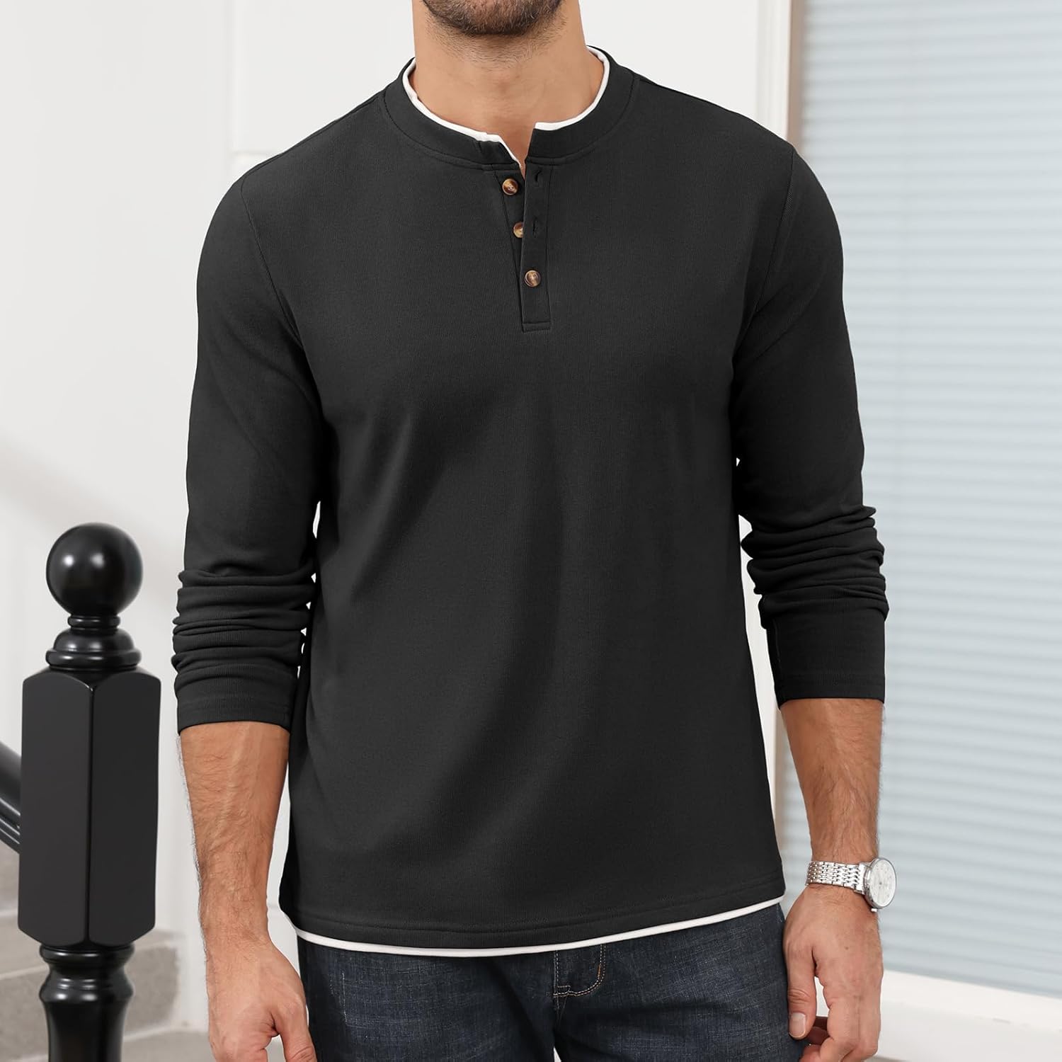Uni Clau Men's Henley Shirts Classic Button T-Shirt Long Sleeve Casual Thermal Pullover Shirt - Image 2