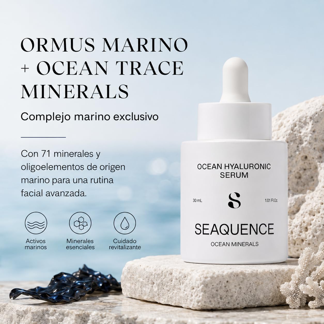 SEAQUENCE Ocean Hyaluronic Serum 30 ml | Sérum Facial Hidratante con Ormus Marino, Ocean Trace Minerals y 5 Tipos de Ácido Hialurónico | Luminosidad, Elasticidad y Firmeza | Todo Tipo de Piel