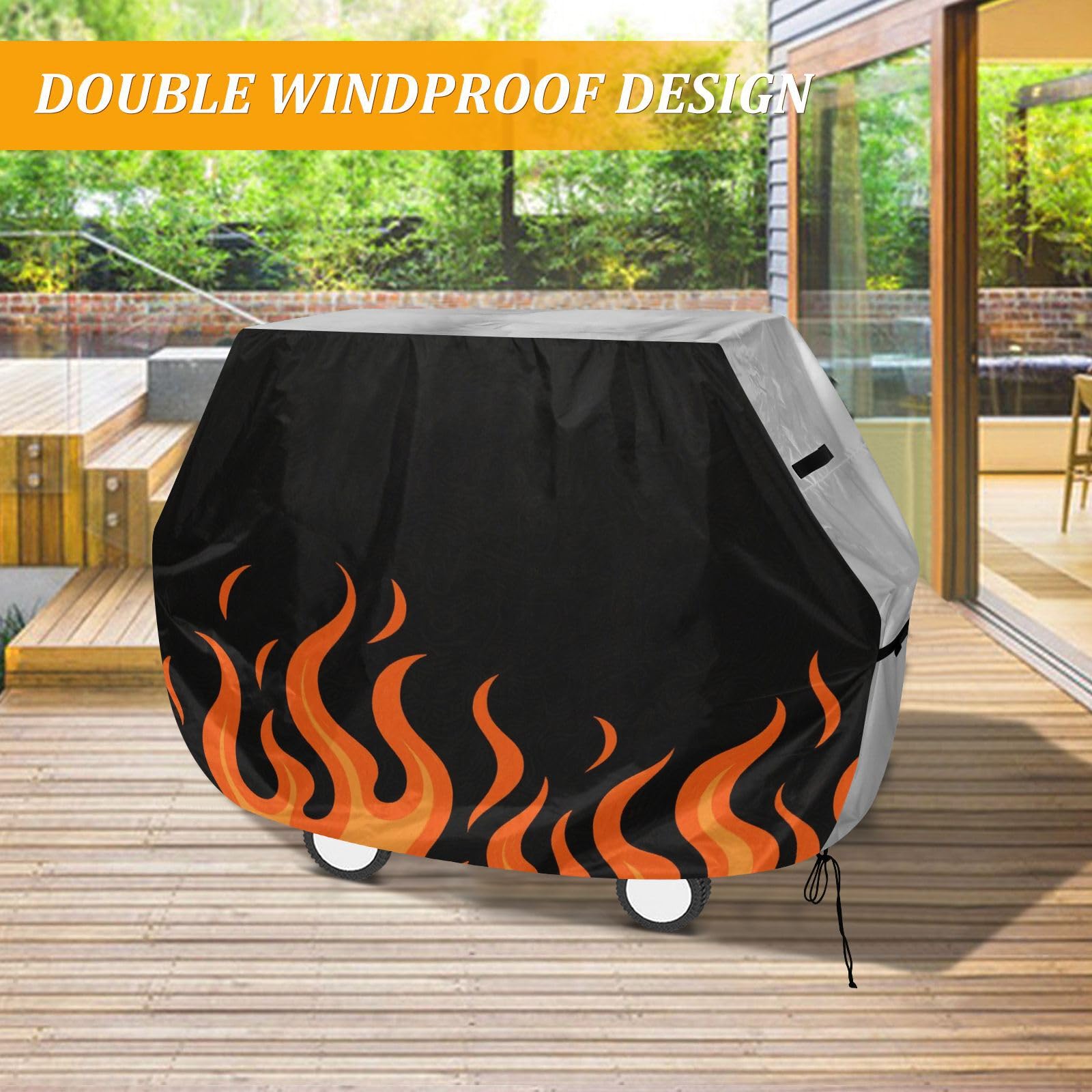 Flowing Fire Giraffe Pomarańczowy Płonący Grill Gazowy Pokrywa 158 cm Wodoodporny Wytrzymały Odporny na rozdarcie Odporny na blaknięcie Materiał Pokrowiec na grilla z regulowanym sznurkiem dla kurzu i