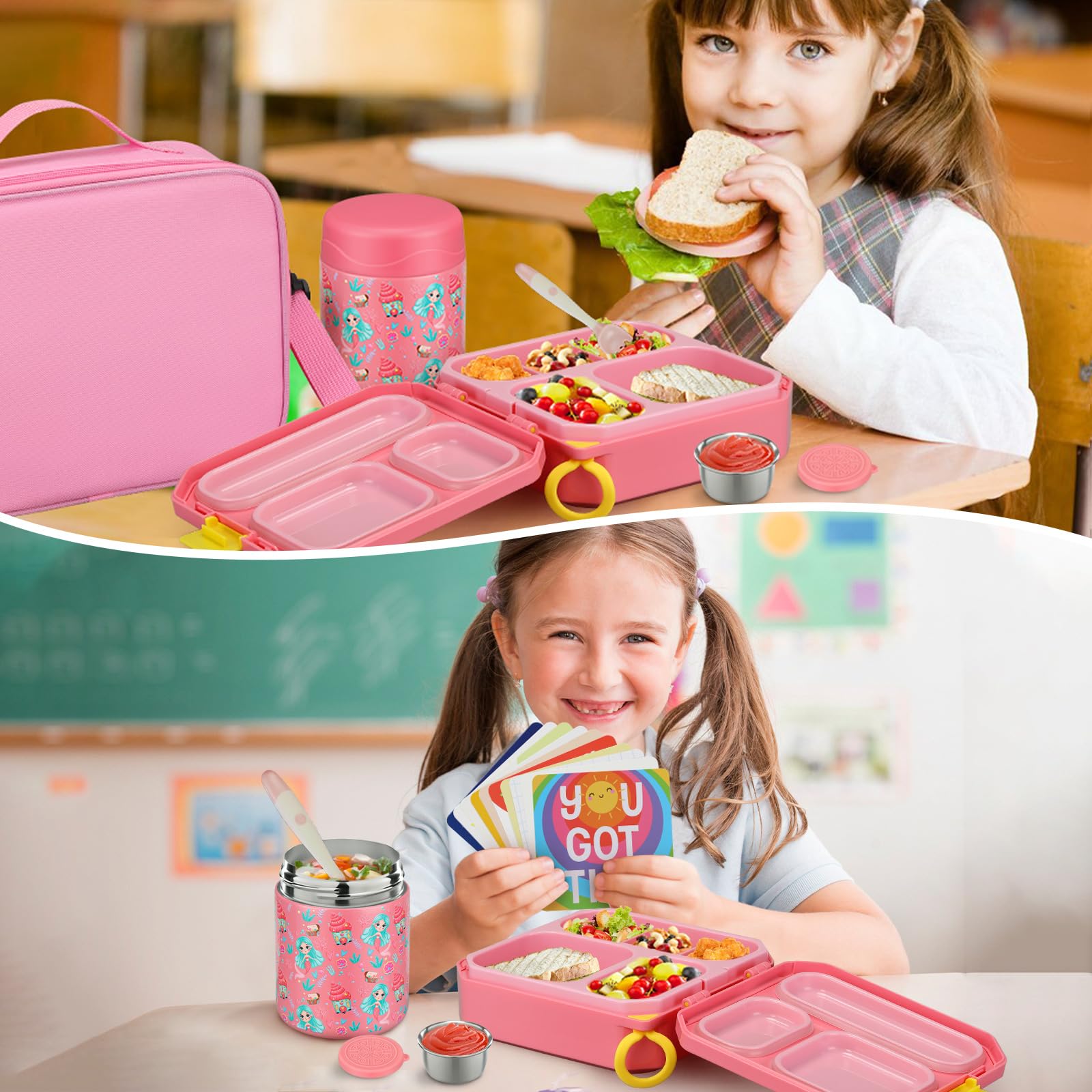 wiwens Juego de lonchera Bento para niños con recipiente térmico de sopa de 12 onzas a prueba de fugas con 5 compartimentos, tarro térmico de comida caliente y bolsa de almuerzo aislada para niños