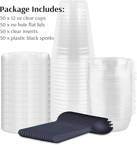 Miniatura 2 de Zezzxu Vasos de plástico para yogur de 12 onzas con tapas planas insertos y tenedores, paquete de 50 conatiners desechables de parfait para frutas,
