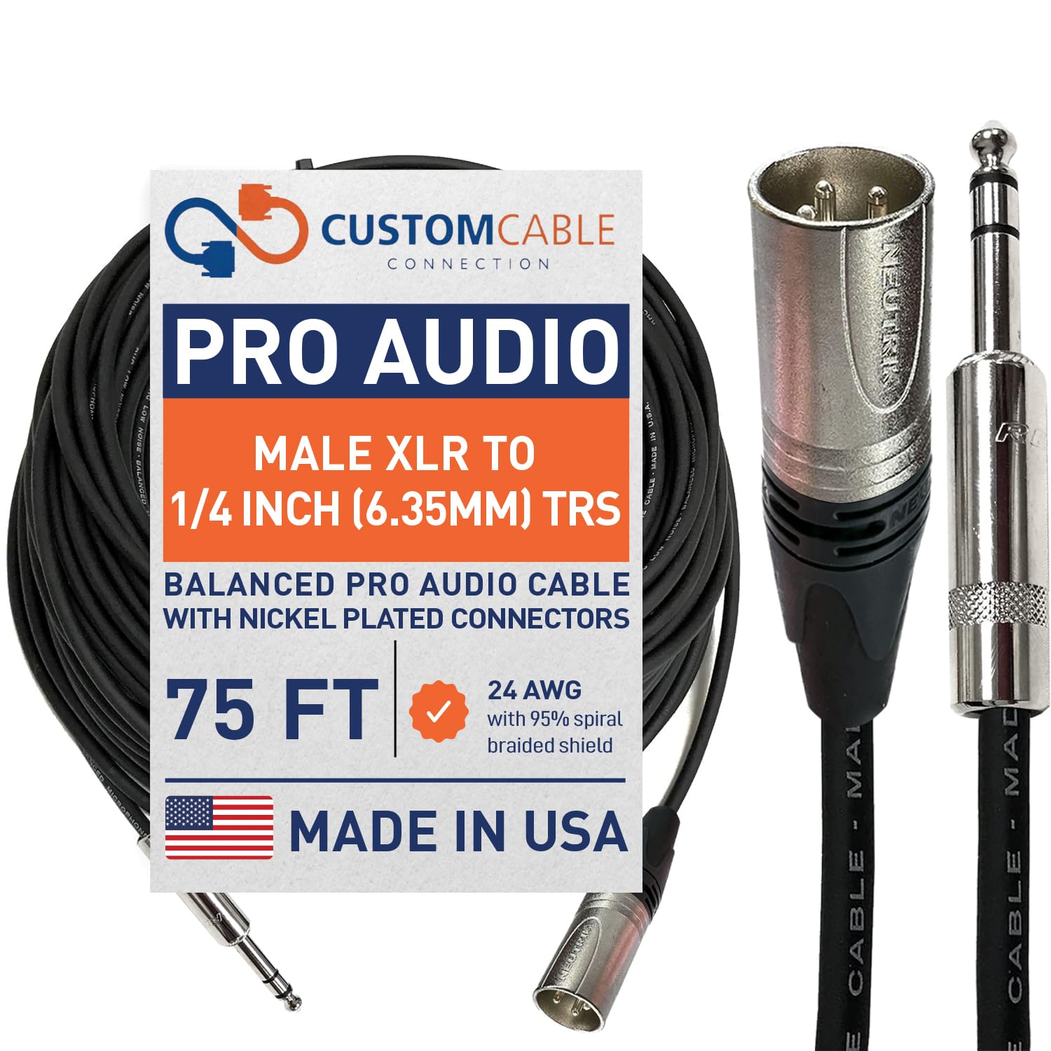 Custom Cable Connection 75 Foot Neutrik NC3MXX Male XLR to Neutrik Rean NYS228 1/4 Inch (6.35mm) TRS Balanced Pro Audio Cable