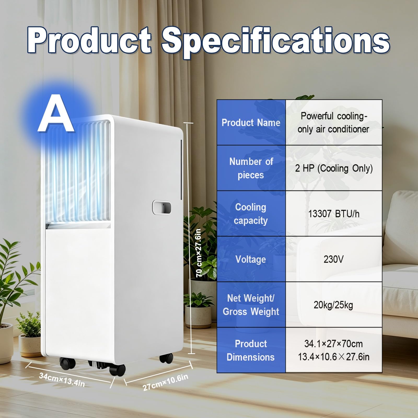 Climatizador Portátil 13000 BTU Silencioso para Hogar | Climatizador Portátil 13000 BTU con adjustment Remoto, Temporizador 24H y Modo Sueño para Mayor Comodidad(Model A)