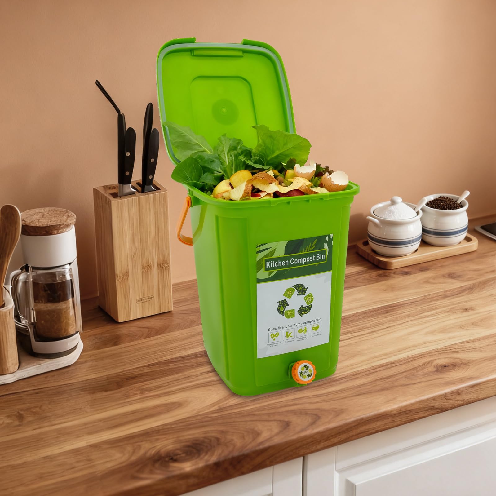 Kosz na odpady organiczne do kuchni, 20 l, kosz na kompost z pokrywką i sitkiem, bezzapachowy, do domu i zrównoważonego rozwoju, zielony