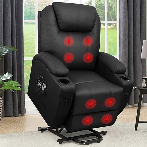 Flamaker Power Lift Recliner Chair with Vibration Massage for Elderly Ergonomic Lounge Chair Classic Single Sofa with Cup Holders Side Pockets for Living Room (Dark Black)