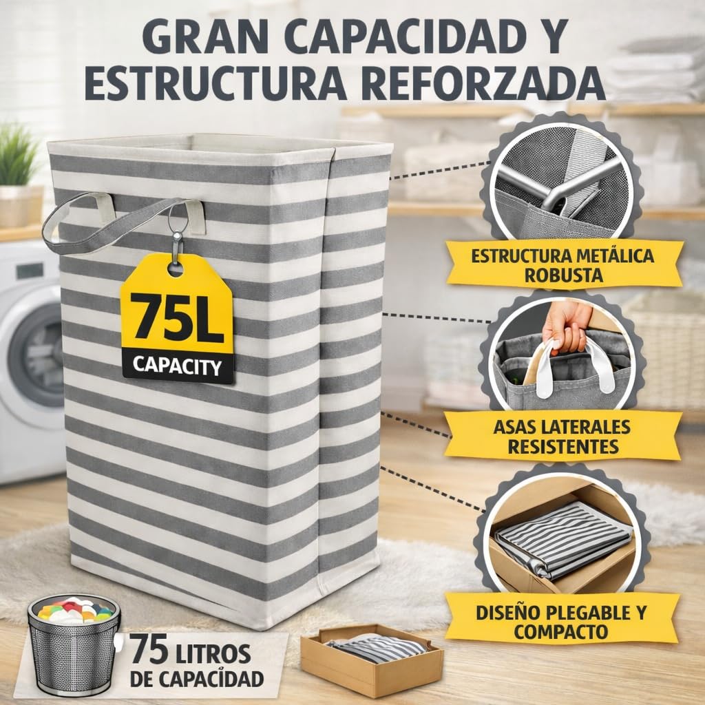 Cesto Ropa Sucia 75L Plegable, Cesta Ropa Sucia Grande con Estructura Metálica y Asas Laterales, 60x30x40 cm, para Baño y Dormitorio (GRIS RAYAS)
