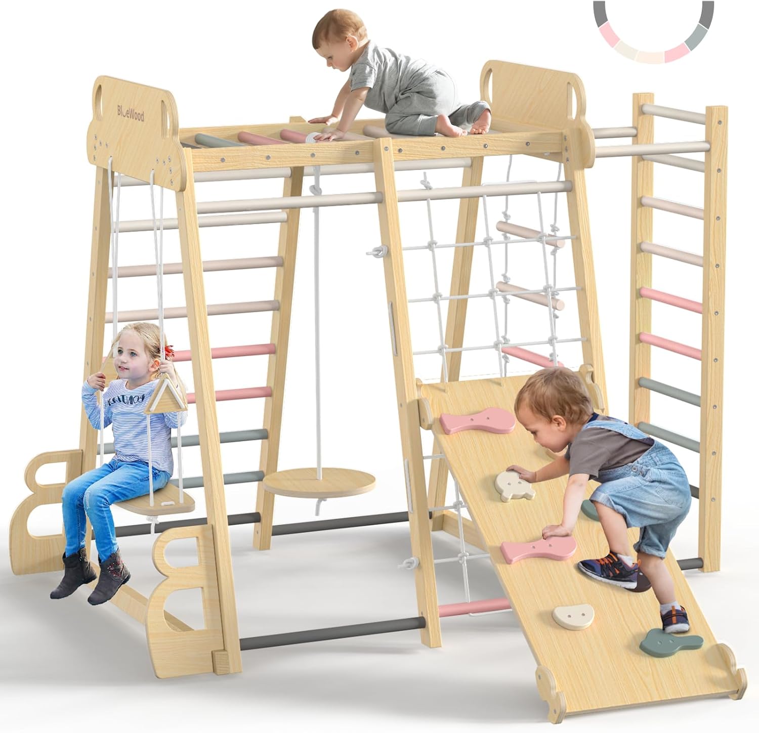 Upgraded Indoor Playground 9-in-1 Jungle Gym Kids Climbing Toys, Montessori Philosophy Waldorf Style Wooden Climber Playset with Slide, Swing, Monkey Bars, Upright/Rope Ladder, Climb Rocks/Net, Pink Mauve Pink